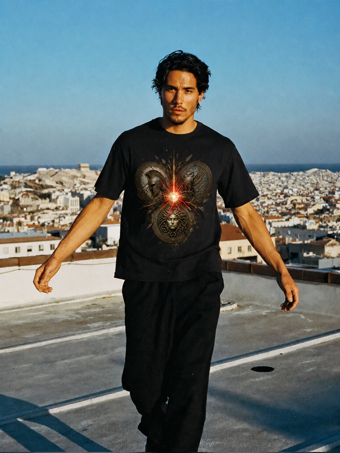 Kouretes Shield Circle black T-shirt — male Athens lifestyle shot 02