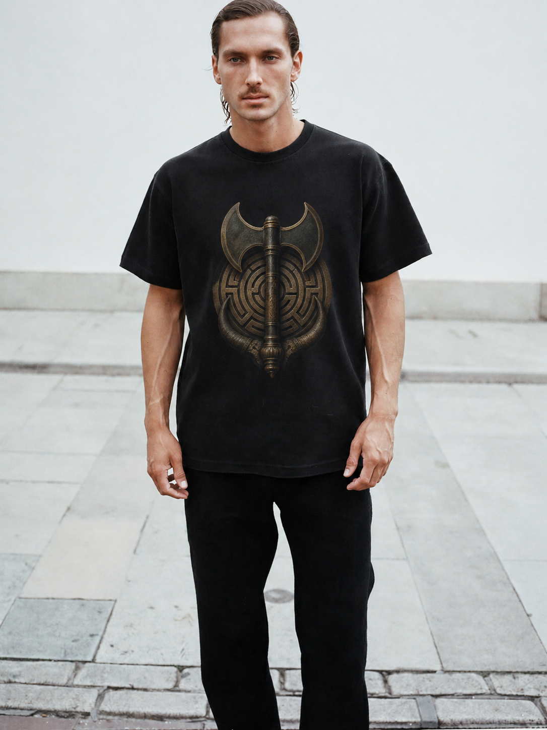 Labrys of Knossos black T-shirt — male Athens lifestyle shot 02