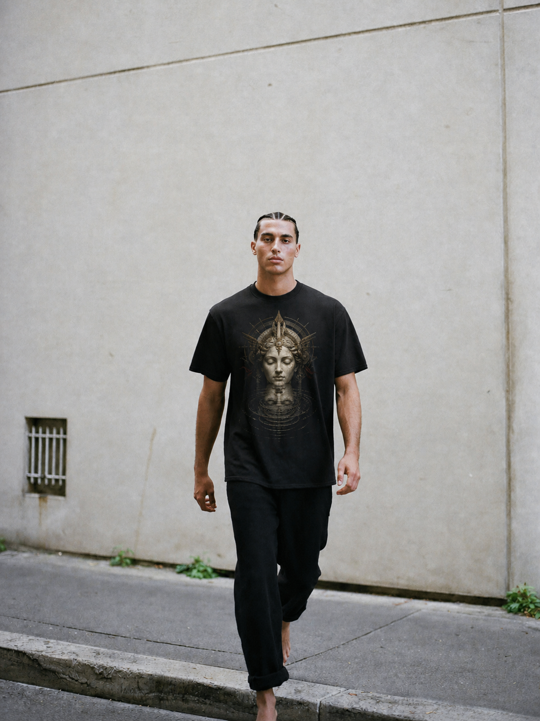 Lethe Vanishing Reflection black T-shirt — male Athens lifestyle shot 02