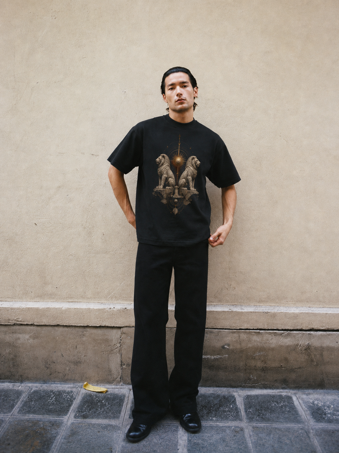 Lions of Delos black T-shirt — male Athens lifestyle shot 02