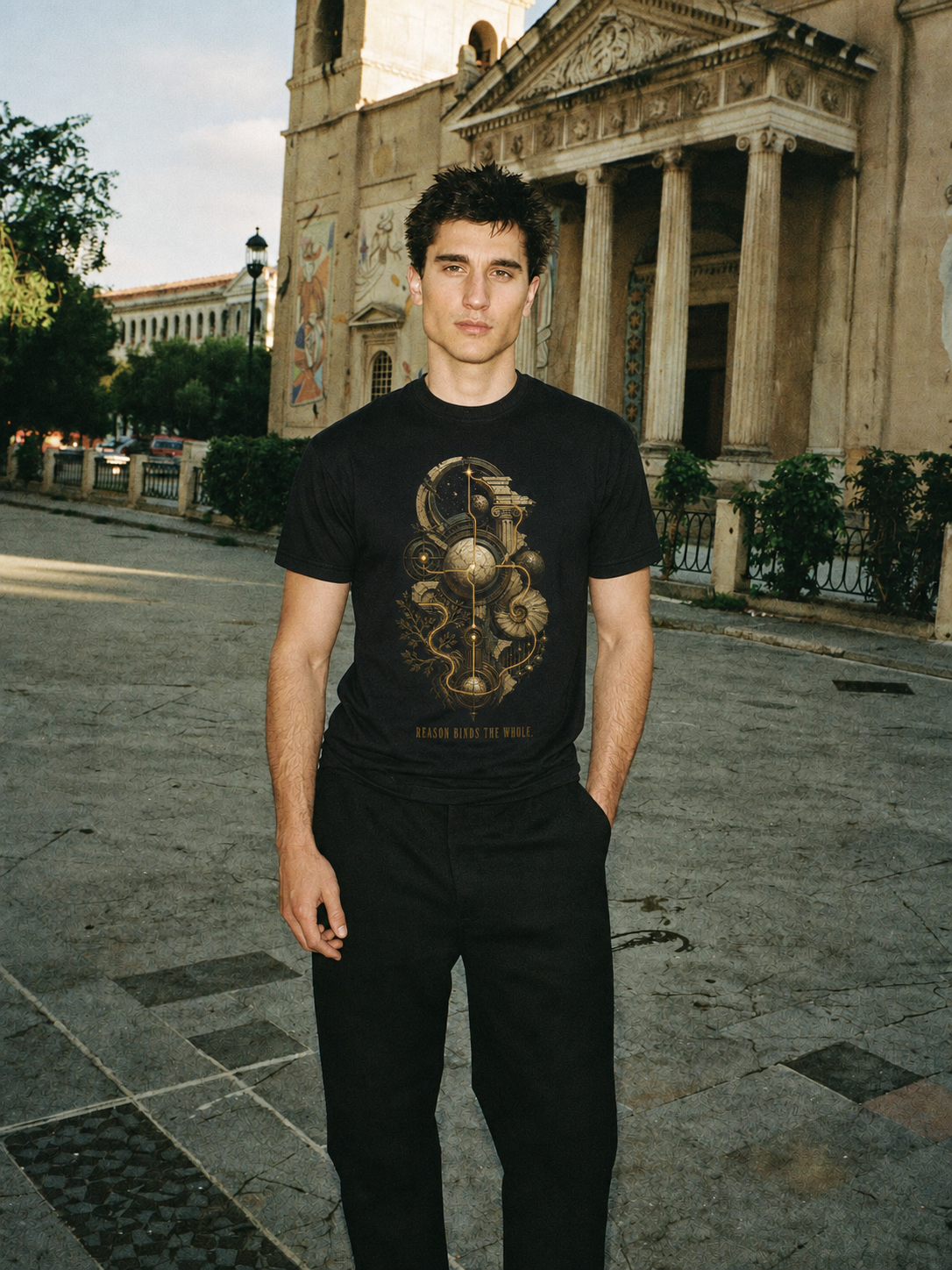 Logos Coherent Order black T-shirt — male Athens lifestyle shot 02