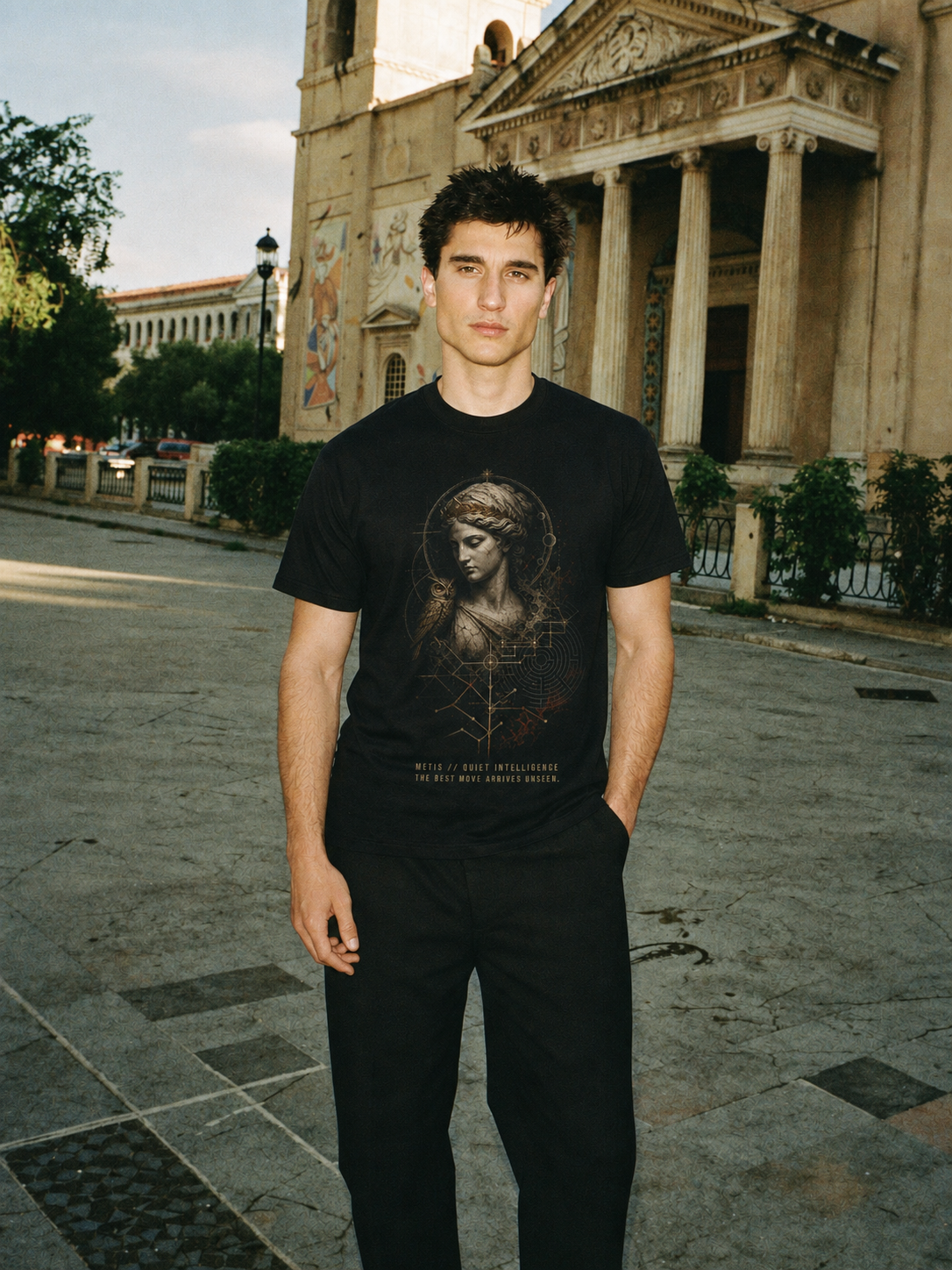 Metis Quiet Intelligence black T-shirt — male Athens lifestyle shot 02