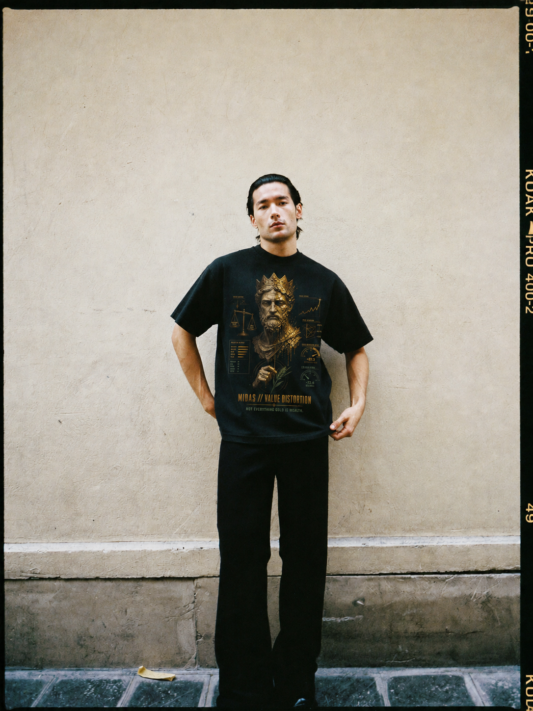 Midas Value Distortion black T-shirt — male Athens lifestyle shot 02