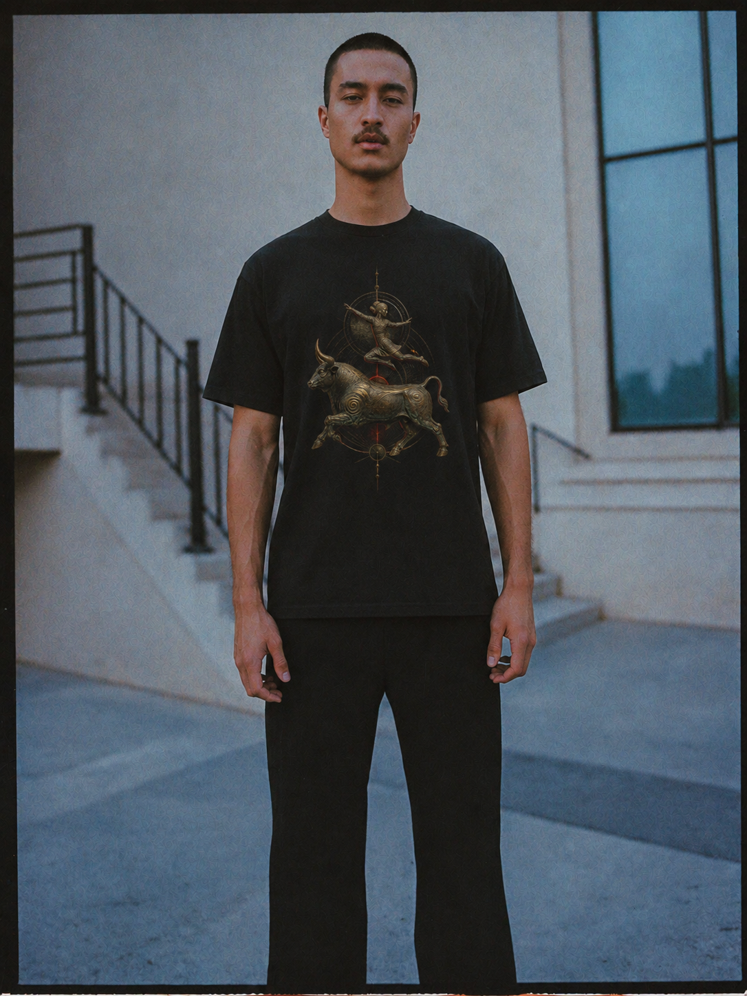 Minoan Bull Leap black T-shirt — male Athens lifestyle shot 02