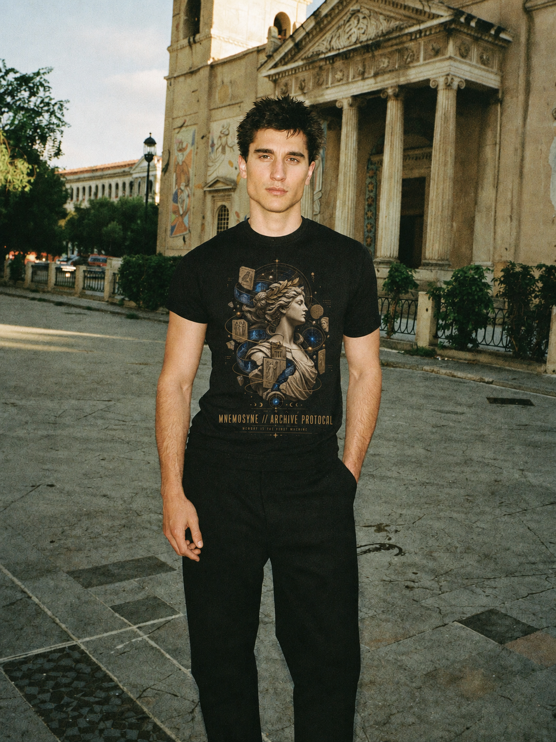 Mnemosyne Archive Protocol black T-shirt — male Athens lifestyle shot 02