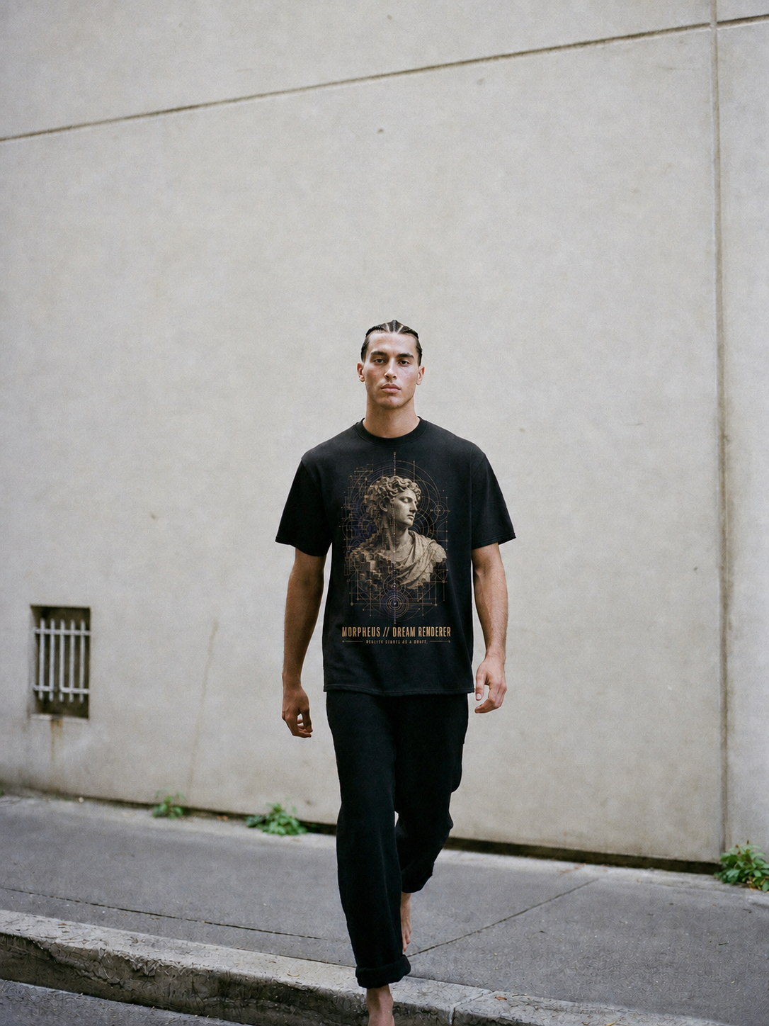 Morpheus Dream Renderer black T-shirt — male Athens lifestyle shot 02