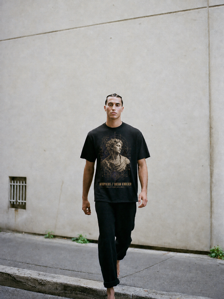 Morpheus Dream Renderer black T-shirt — male Athens lifestyle shot 02