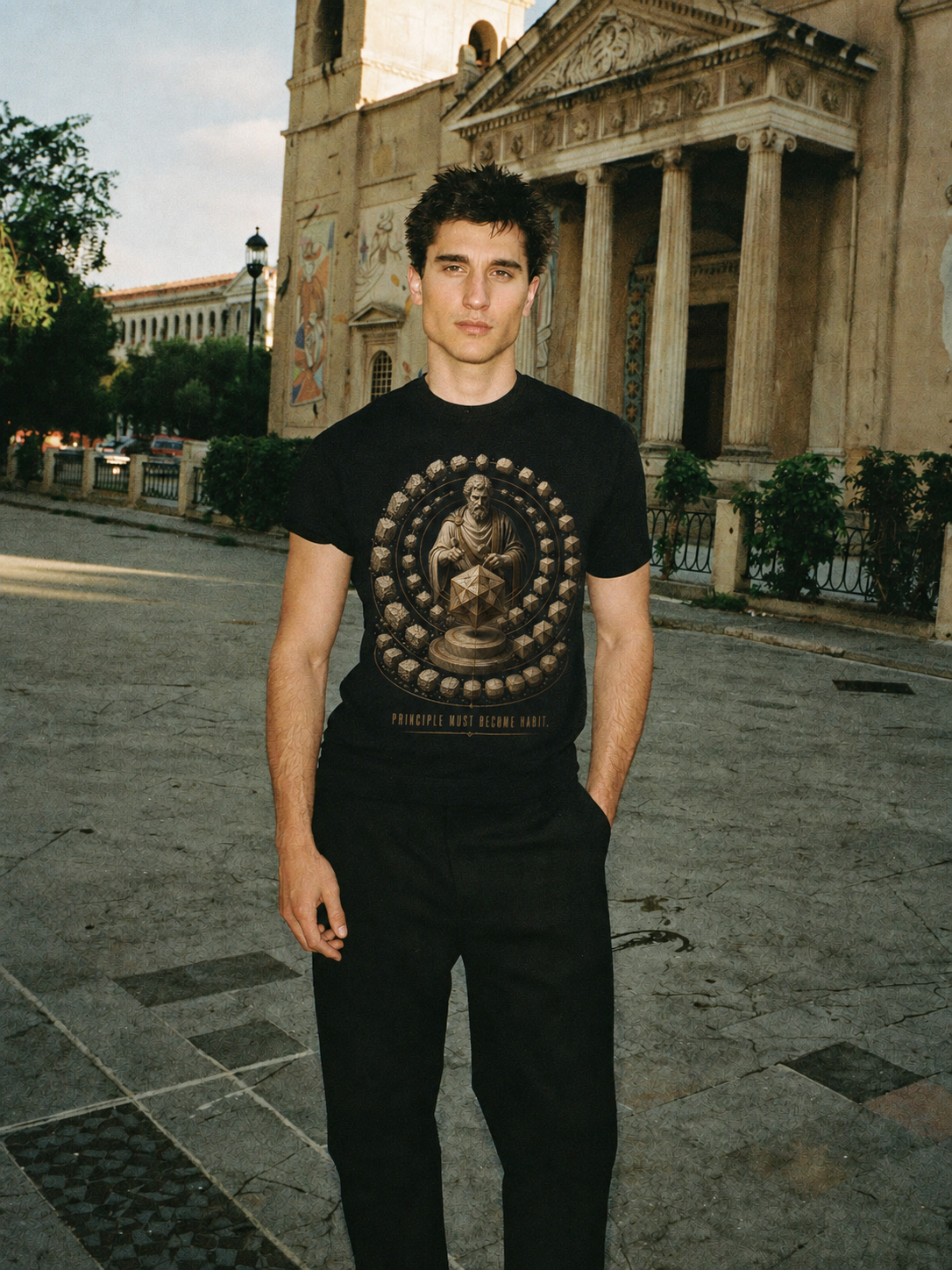 Musonius Practice Discipline black T-shirt — male Athens lifestyle shot 02