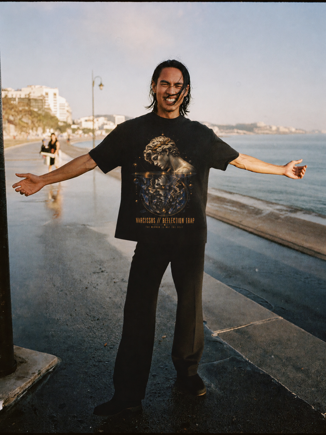 Narcissus Reflection Trap black T-shirt — male Athens lifestyle shot 02