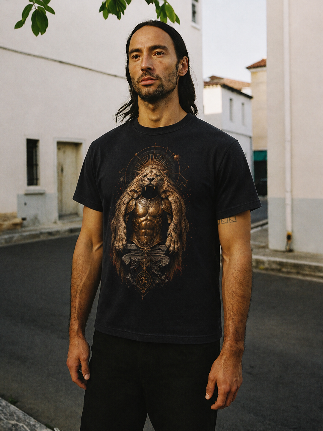 Nemean Lion Mantle black T-shirt — male Athens lifestyle shot 02