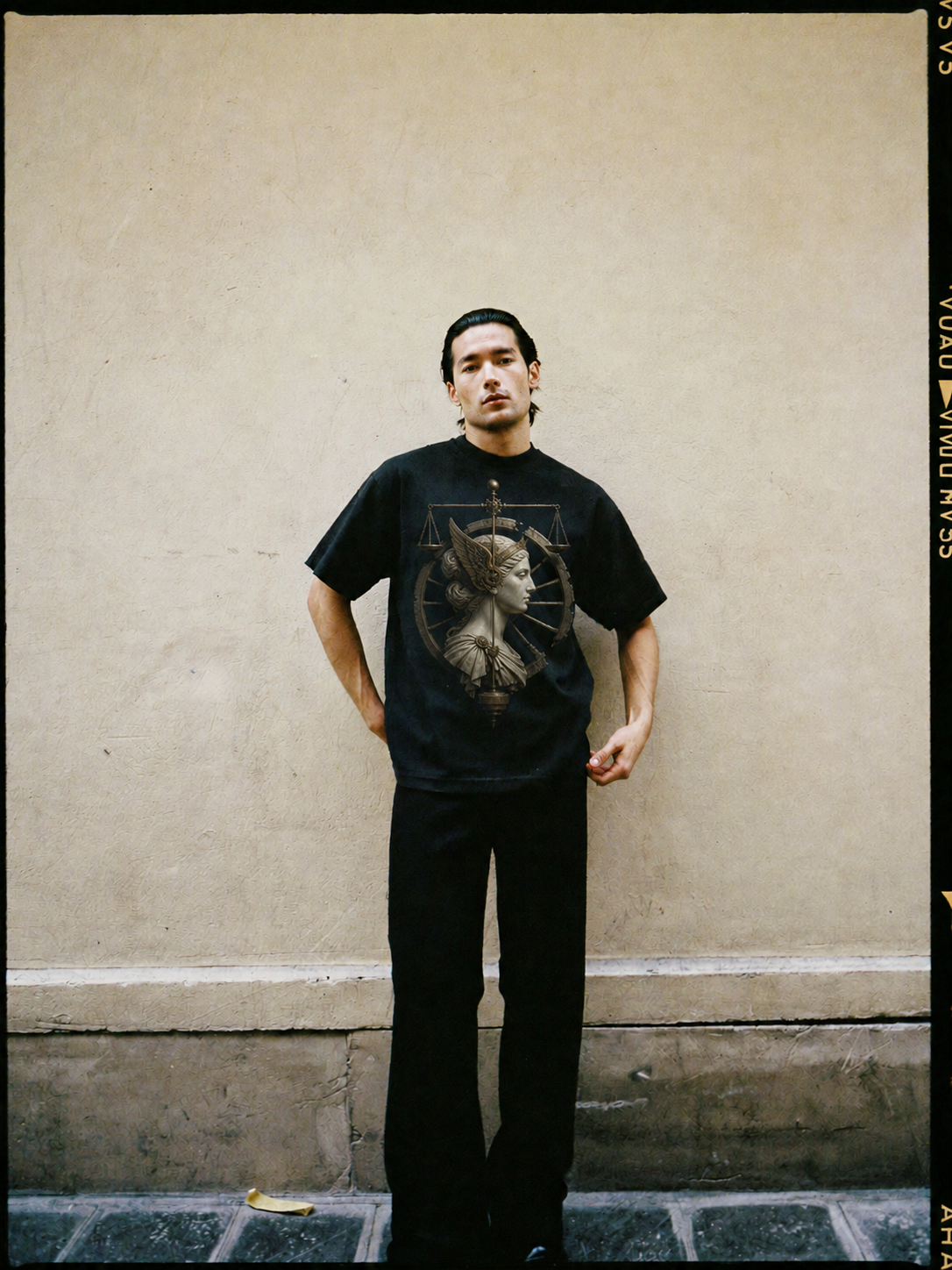 Nemesis Wheel black T-shirt — male Athens lifestyle shot 02