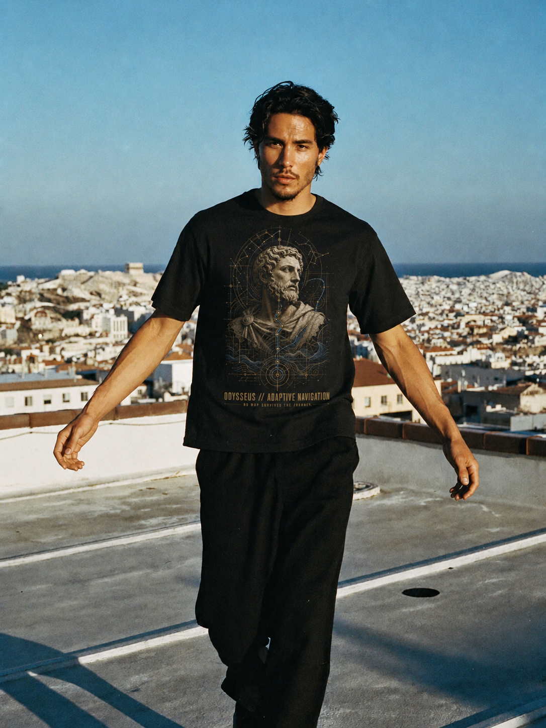 Odysseus Adaptive Navigation black T-shirt — male Athens lifestyle shot 02