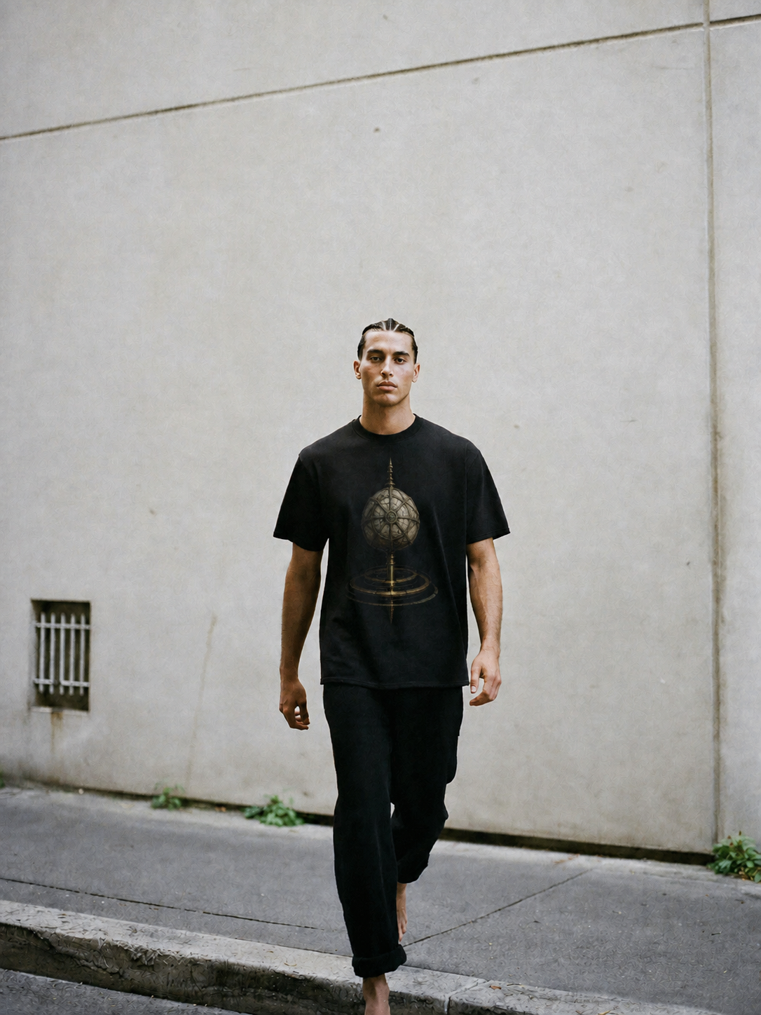 Omphalos World Axis black T-shirt — male Athens lifestyle shot 02