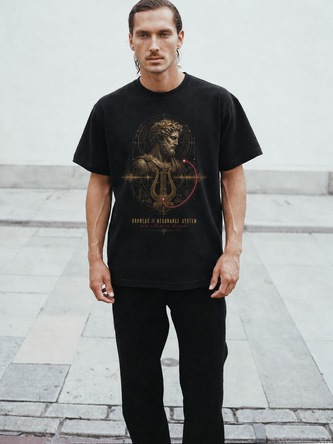 Orpheus Resonance System black T-shirt — male Athens lifestyle shot 02