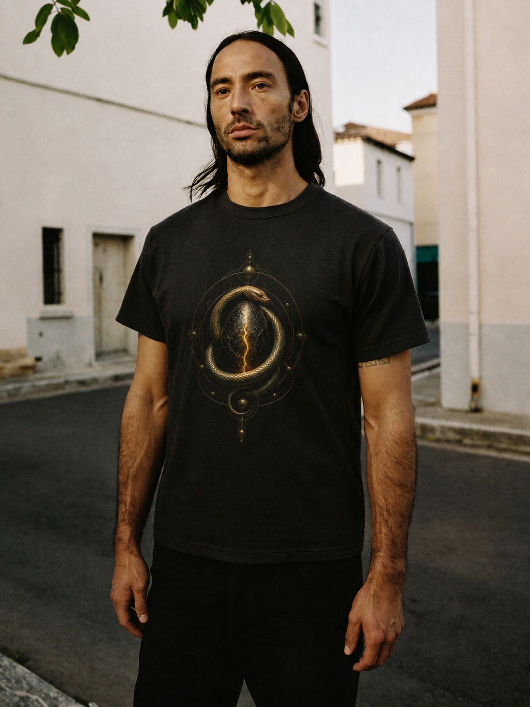 Orphic Cosmic Egg black T-shirt — male Athens lifestyle shot 02