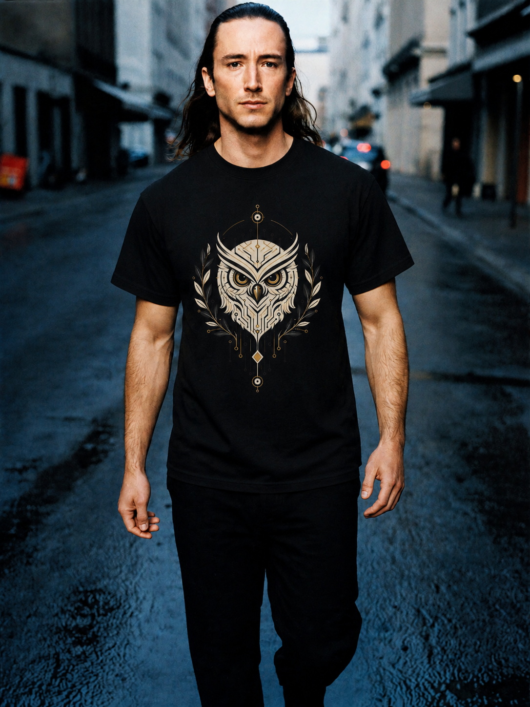Owl of Wisdom black T-shirt — male Athens lifestyle view 2