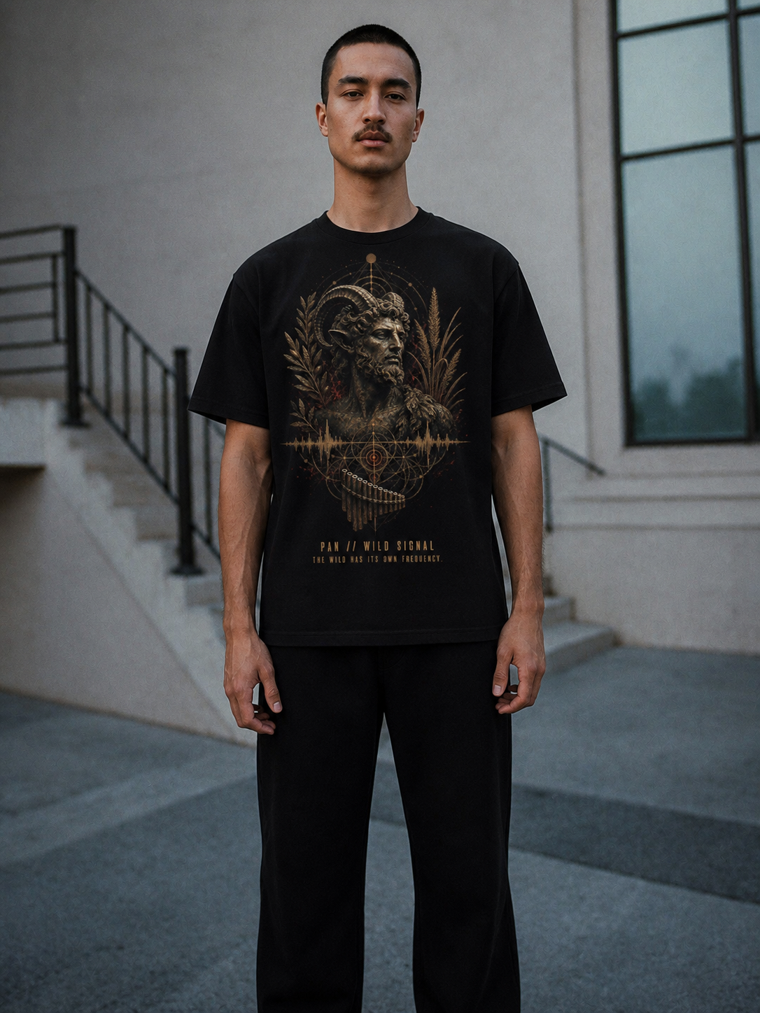 Pan Wild Signal black T-shirt — male Athens lifestyle shot 02