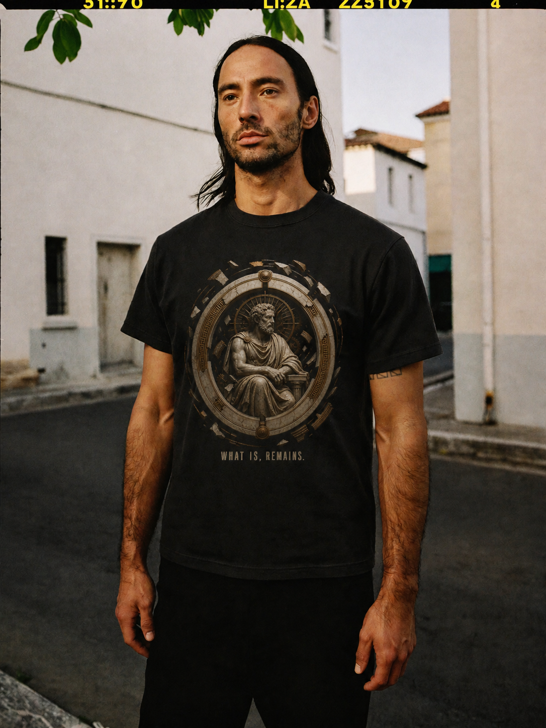 Parmenides Being State black T-shirt — male Athens lifestyle shot 02