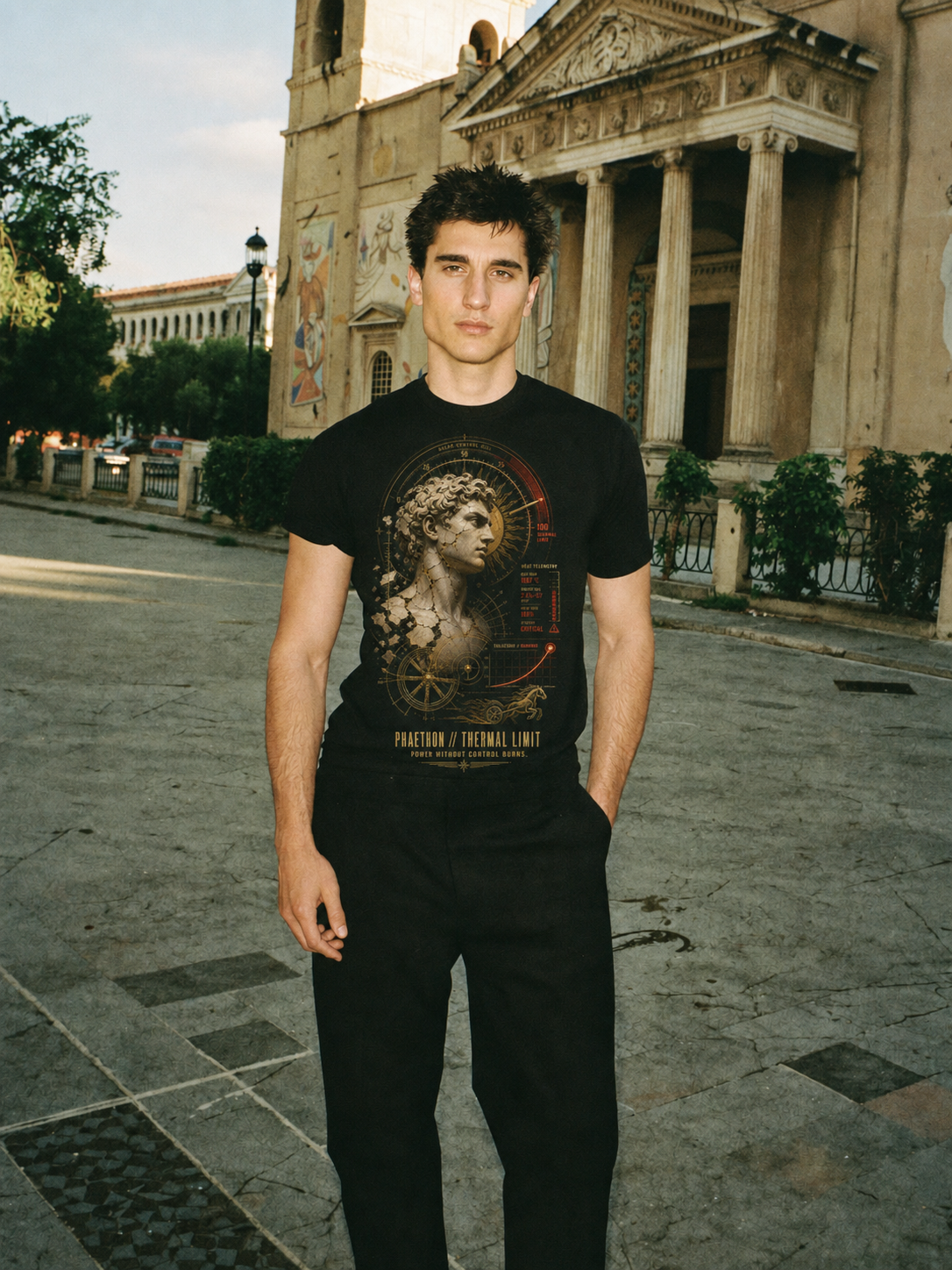 Phaethon Thermal Limit black T-shirt — male Athens lifestyle shot 02