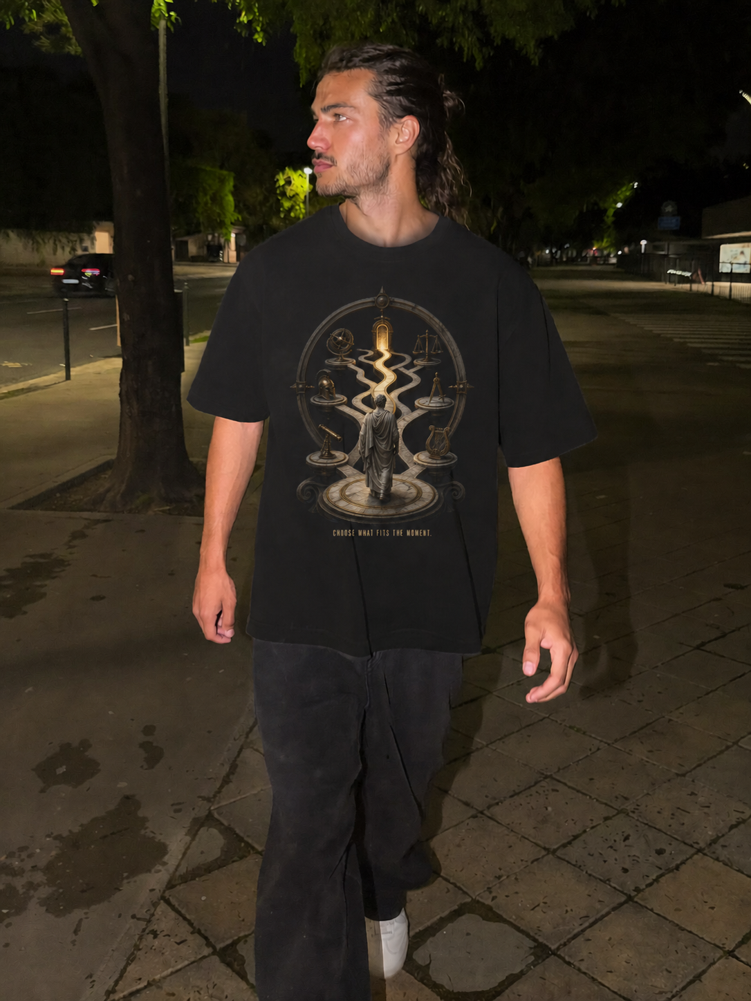 Phronesis Practical Wisdom black T-shirt — male Athens lifestyle shot 02