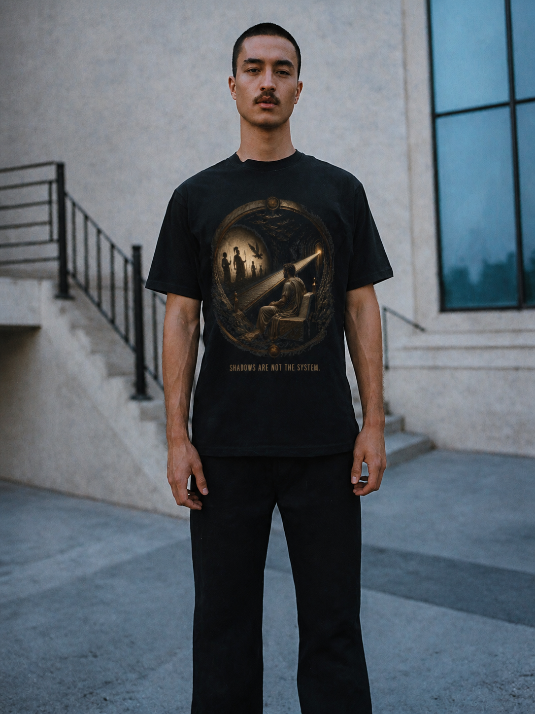 Plato Cave Protocol black T-shirt — male Athens lifestyle shot 02