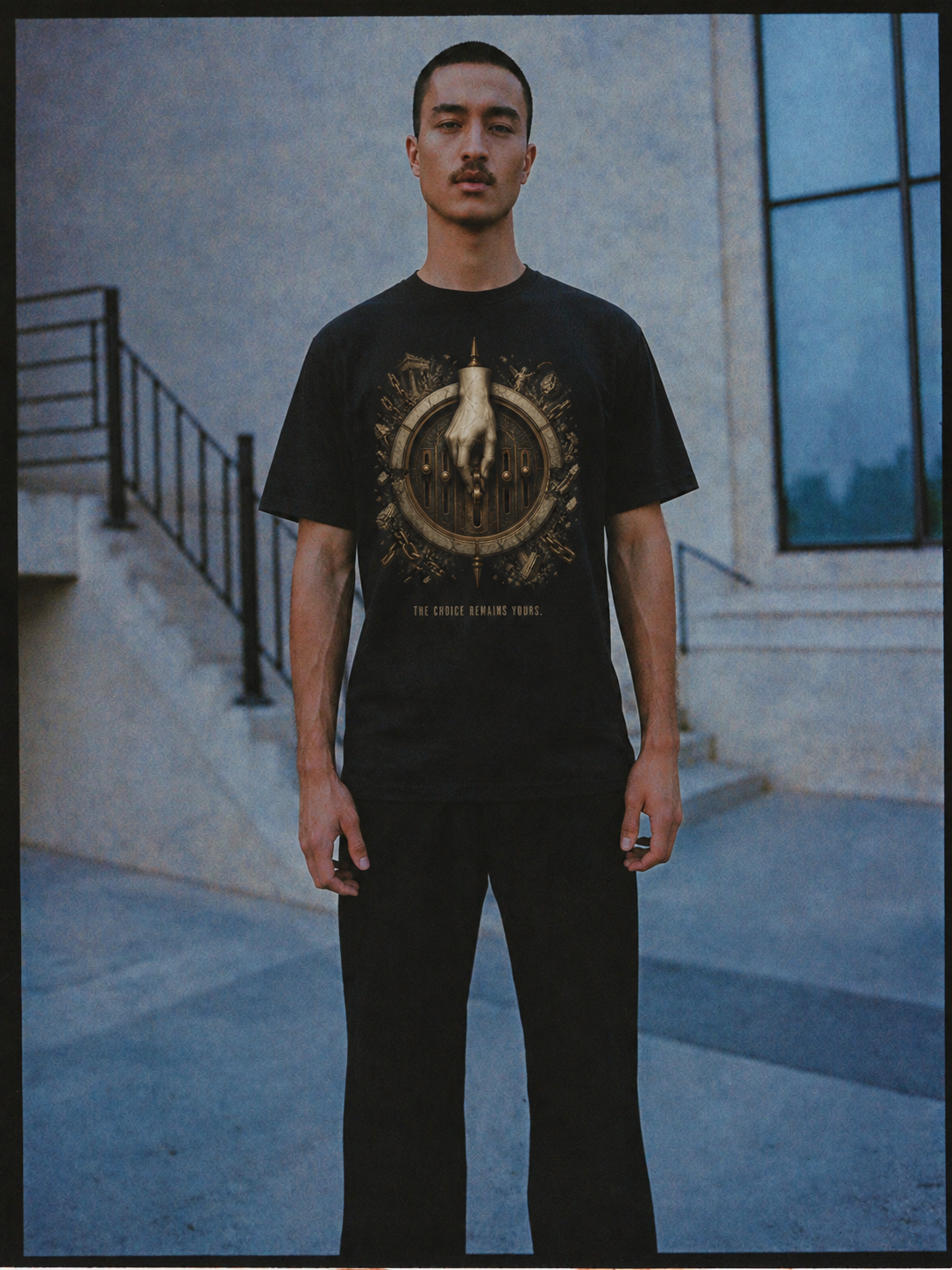 Prohairesis Inner Command black T-shirt — male Athens lifestyle shot 02