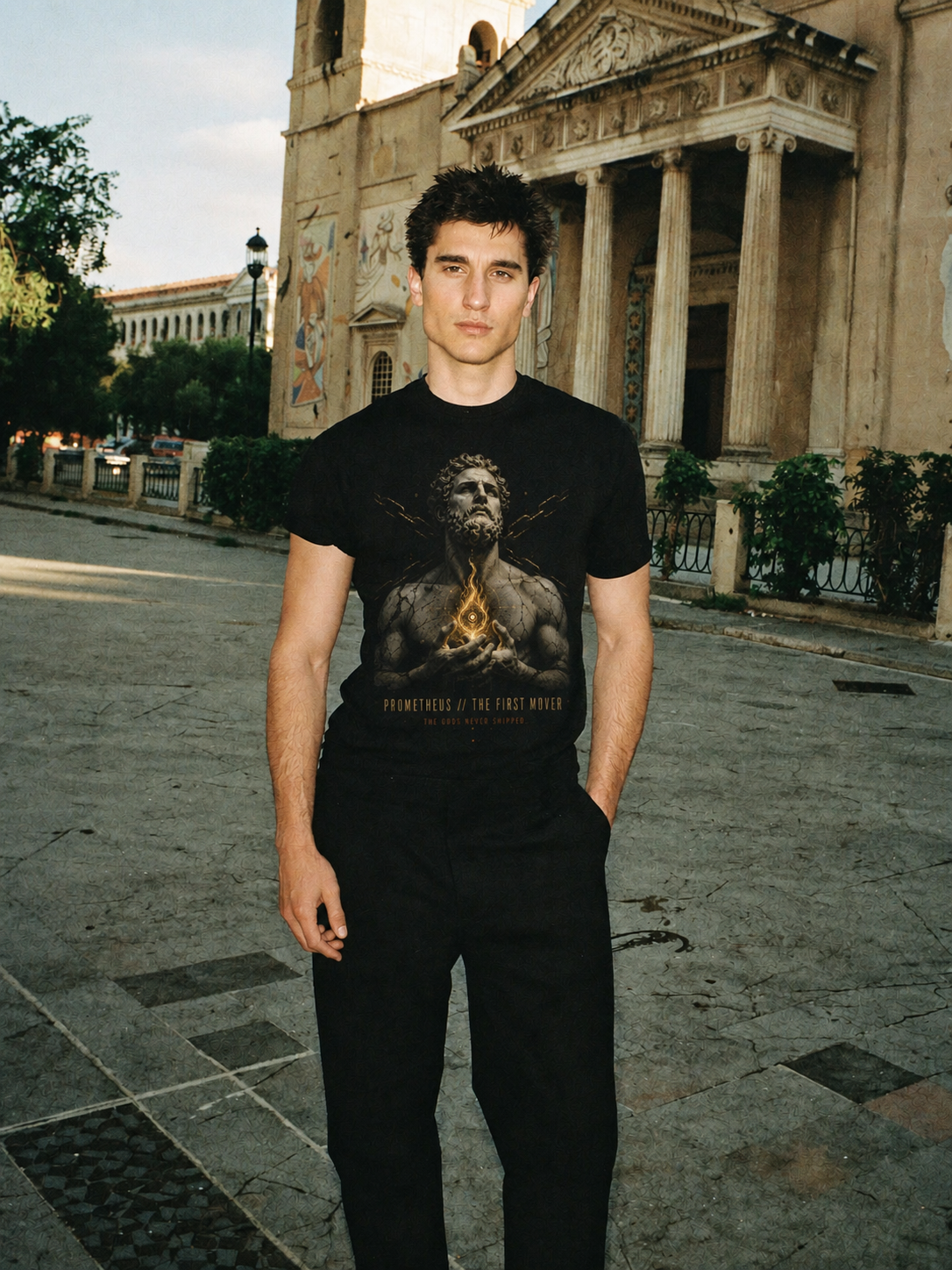 Prometheus First Mover black T-shirt — male Athens lifestyle view 2