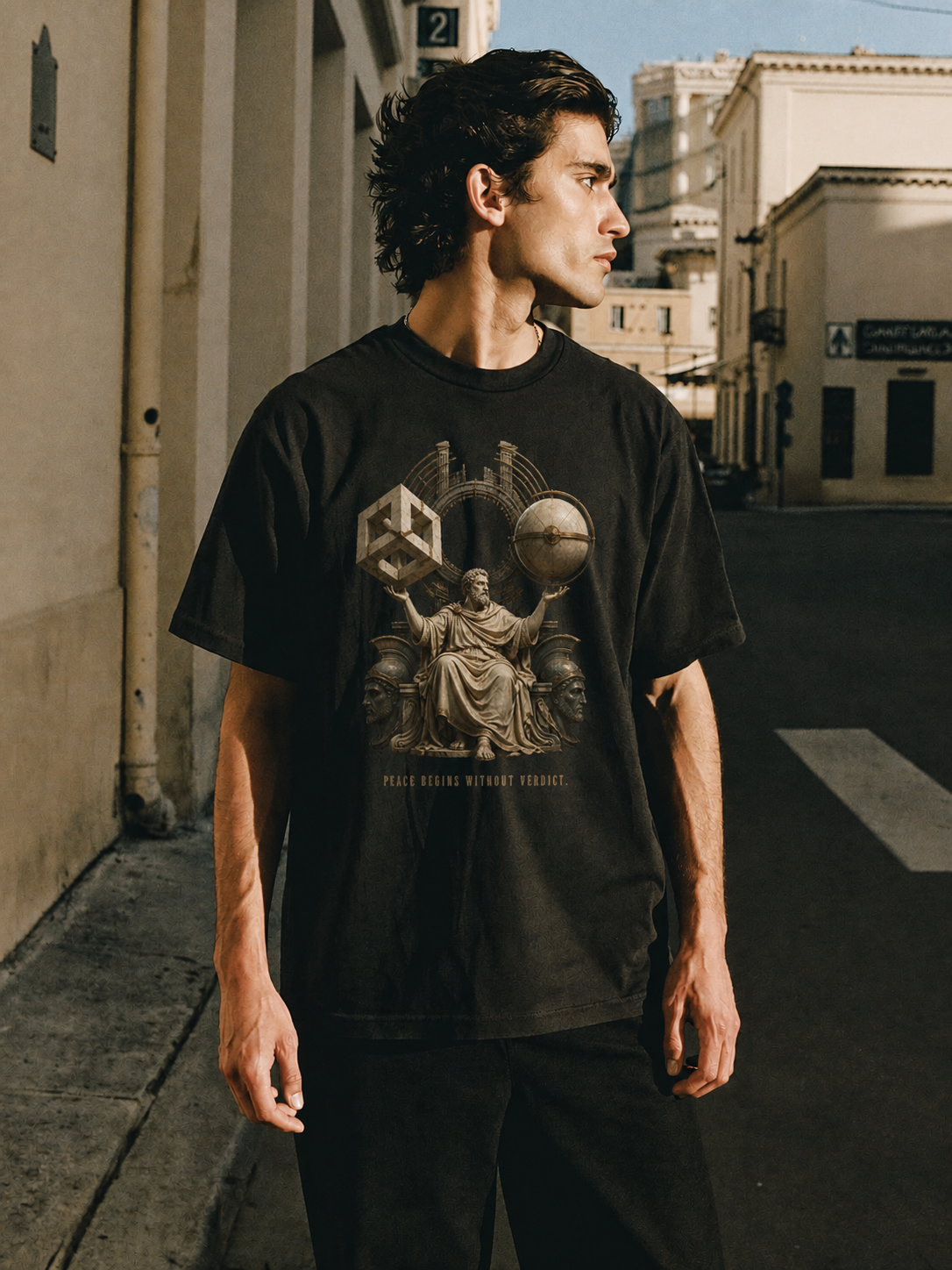 Pyrrho Suspension Mode black T-shirt — male Athens lifestyle shot 02