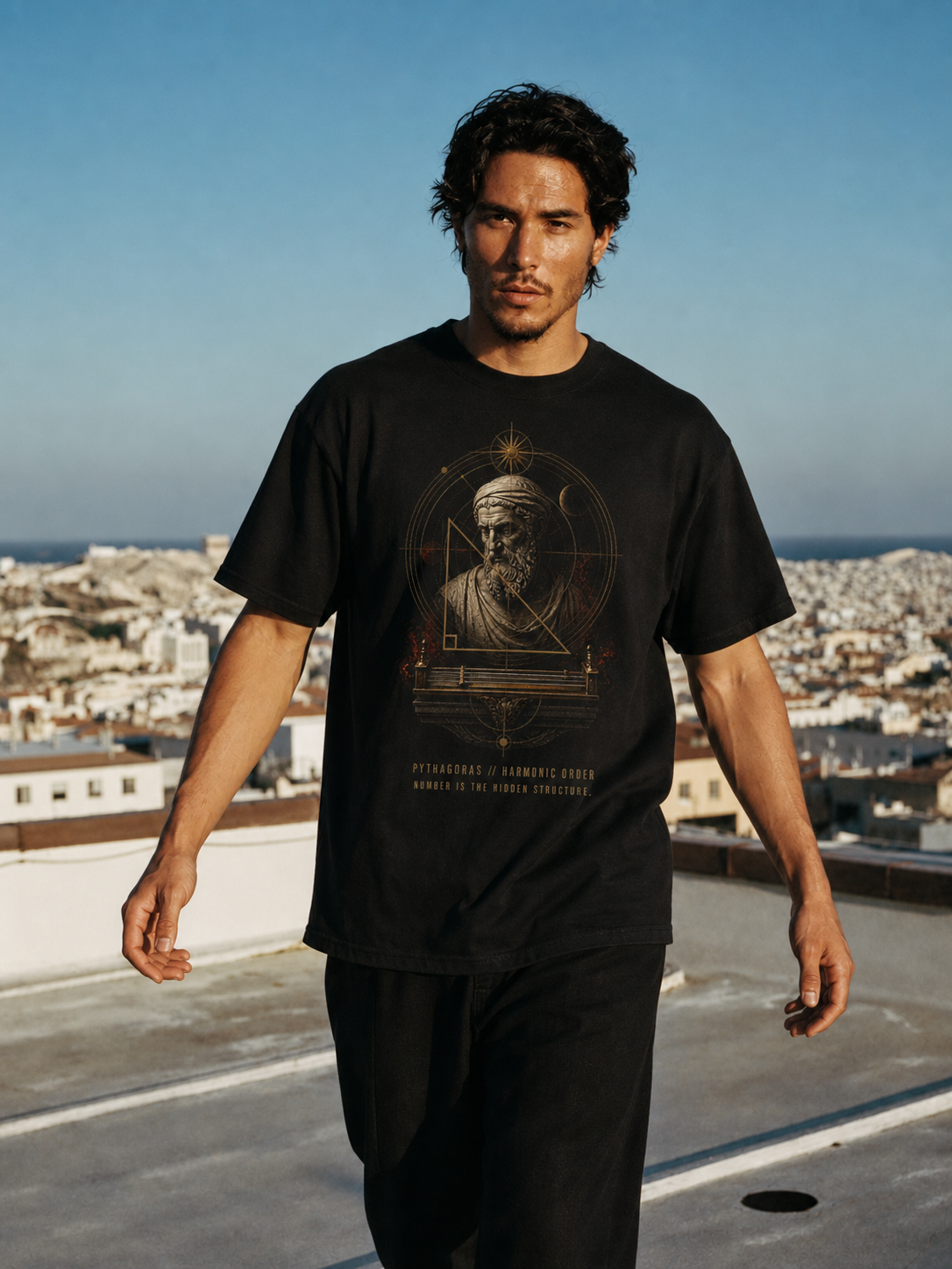 Pythagoras Harmonic Order black T-shirt — male Athens lifestyle shot 02