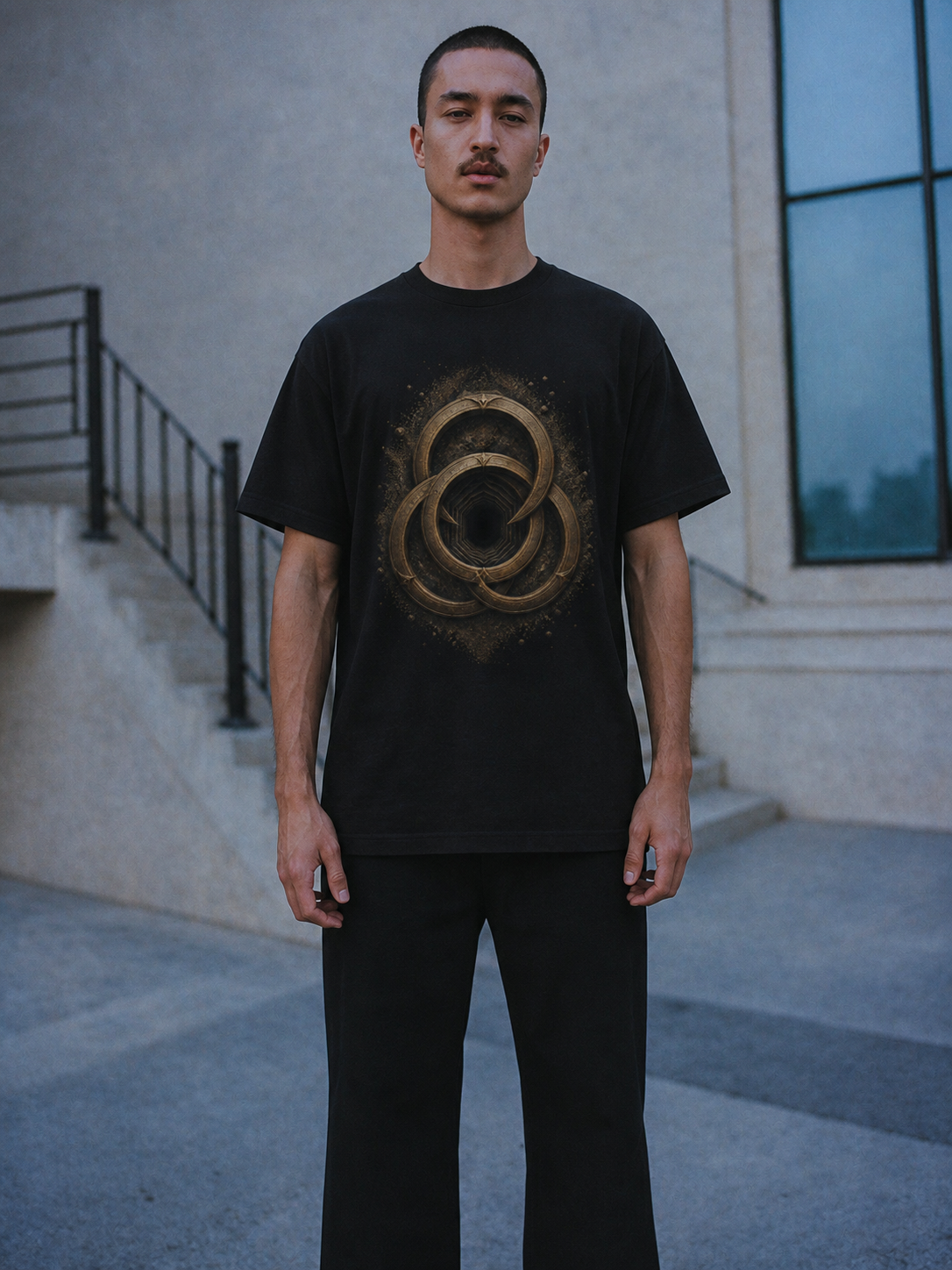 Samothrace Ring Portal black T-shirt — male Athens lifestyle shot 02