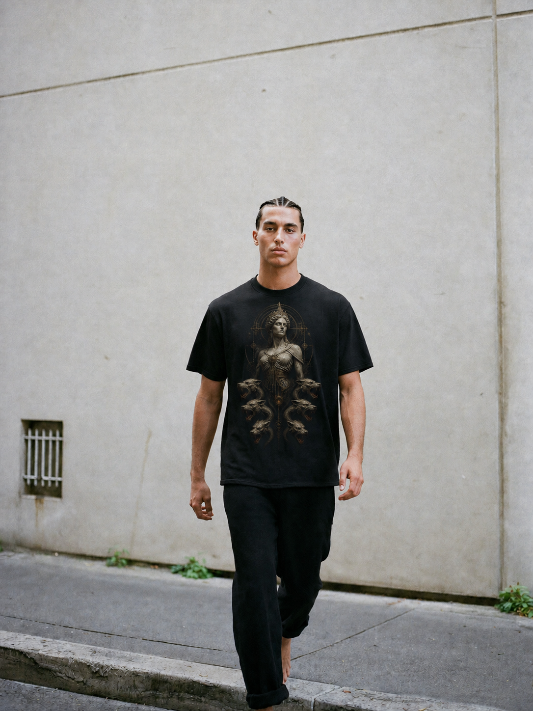 Scylla Below the Strait black T-shirt — male Athens lifestyle shot 02