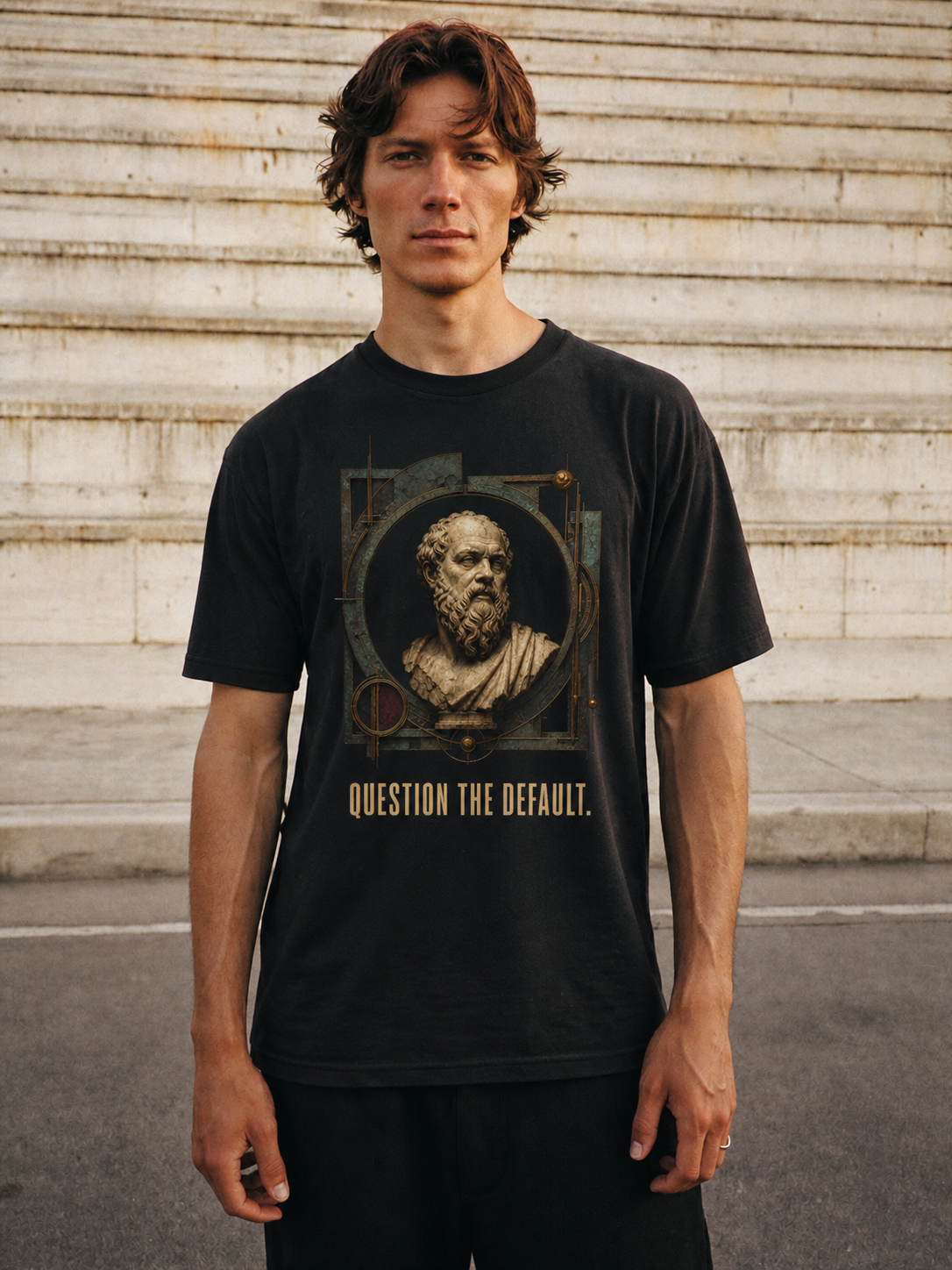 Socrates Examined Life black T-shirt — male Athens lifestyle shot 02