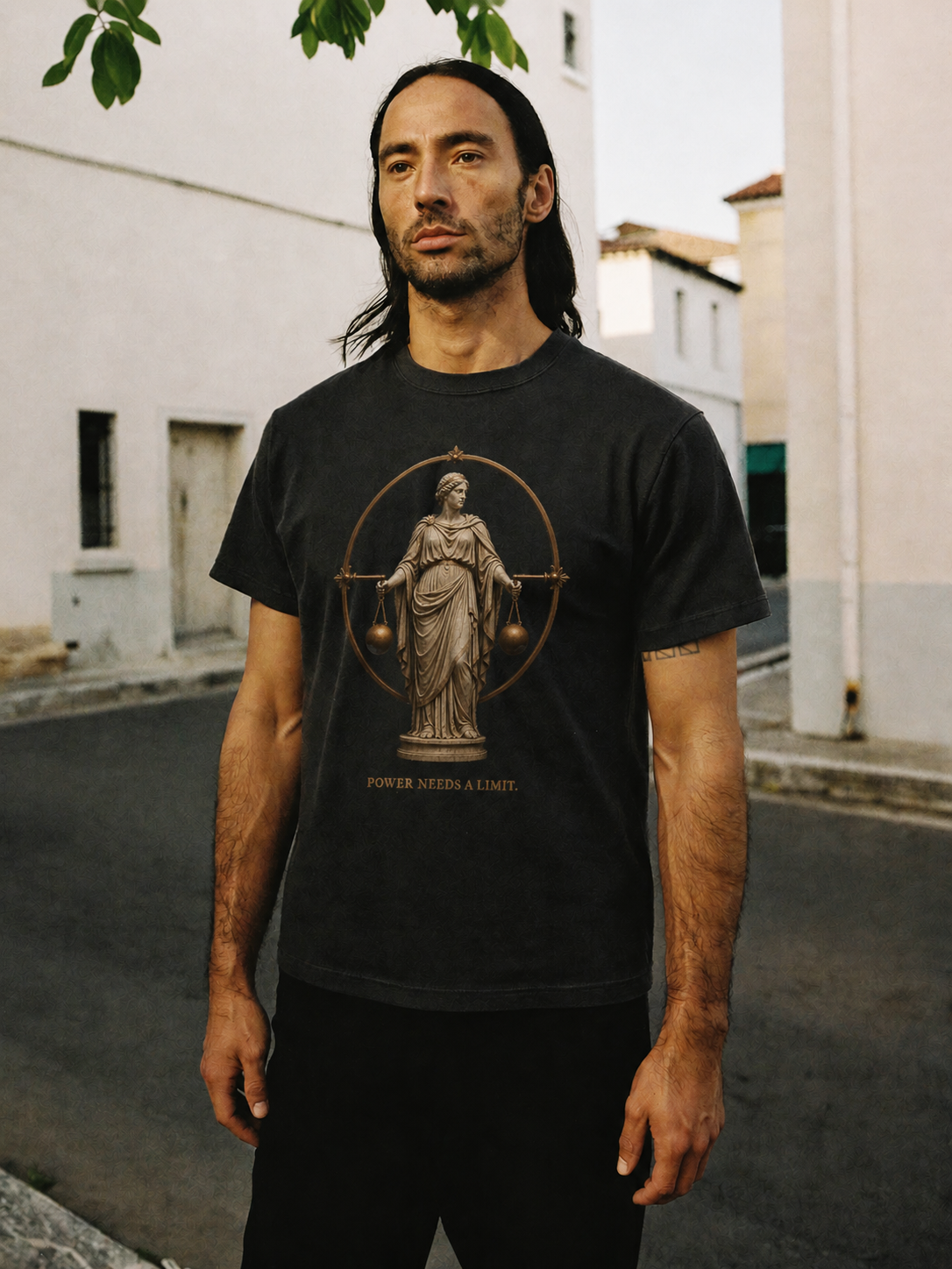 Sophrosyne Measure Within black T-shirt — male Athens lifestyle shot 02