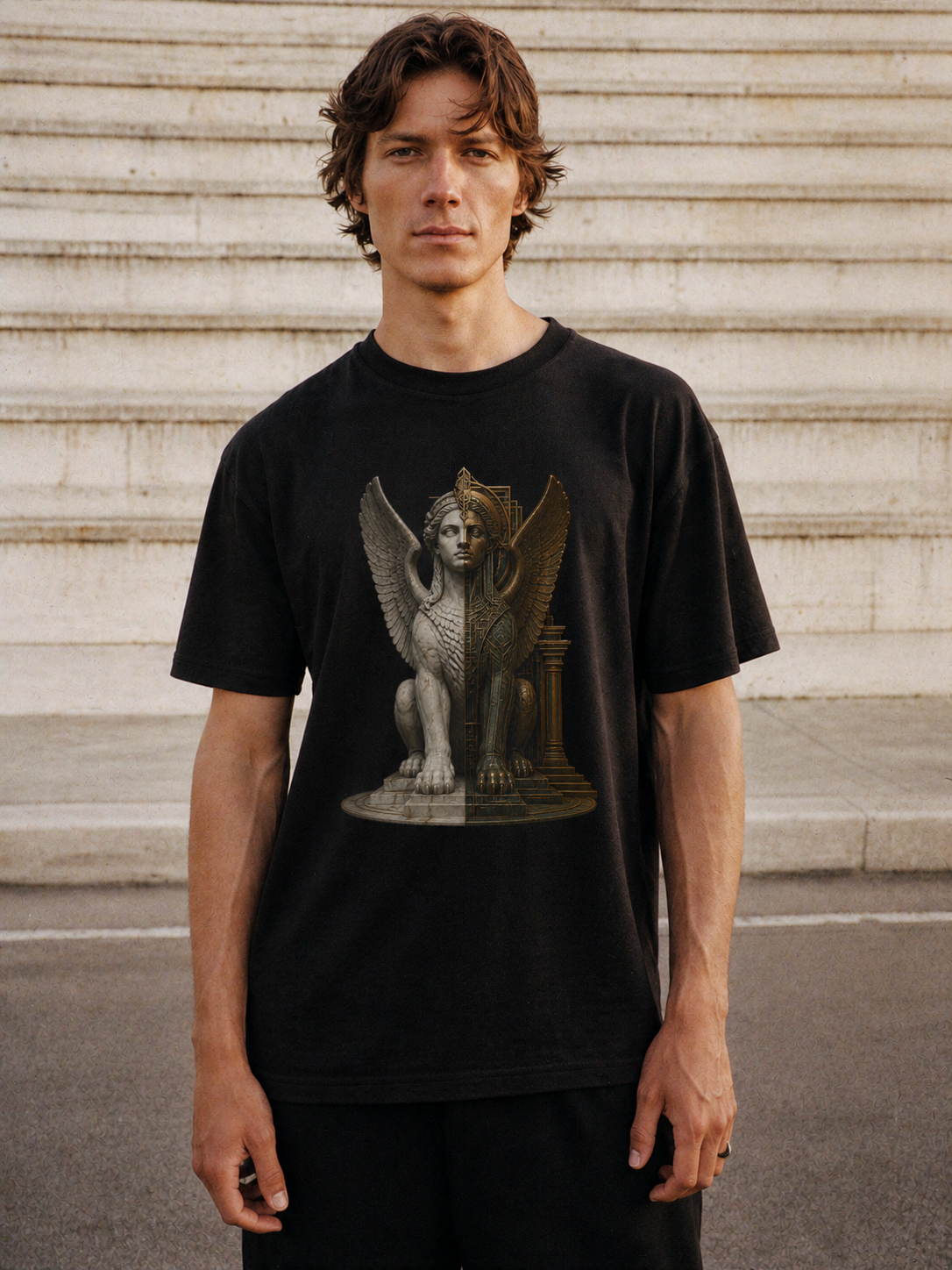 Sphinx Gate black T-shirt — male Athens lifestyle shot 02