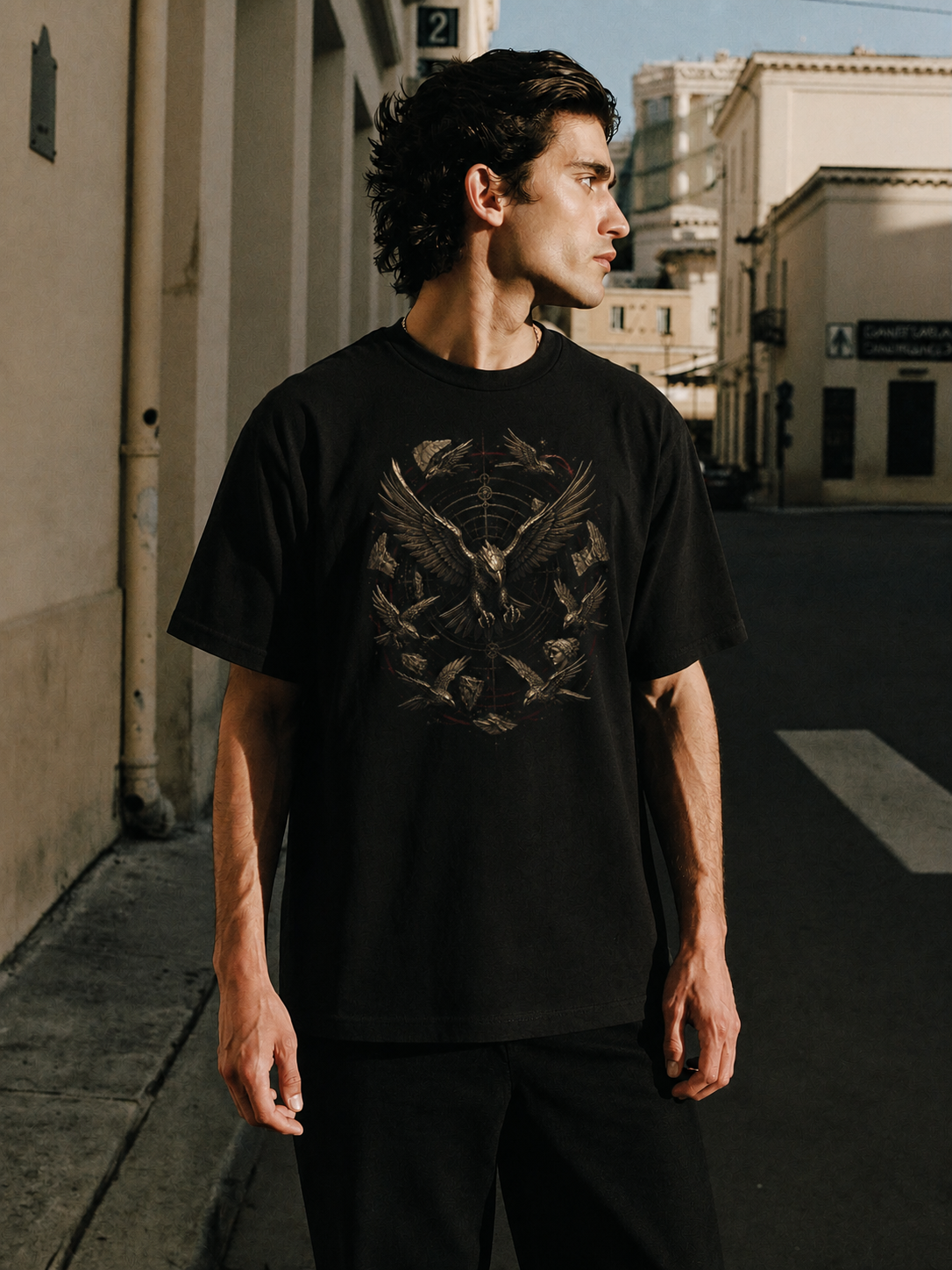 Stymphalian Metal Flock black T-shirt — male Athens lifestyle shot 02