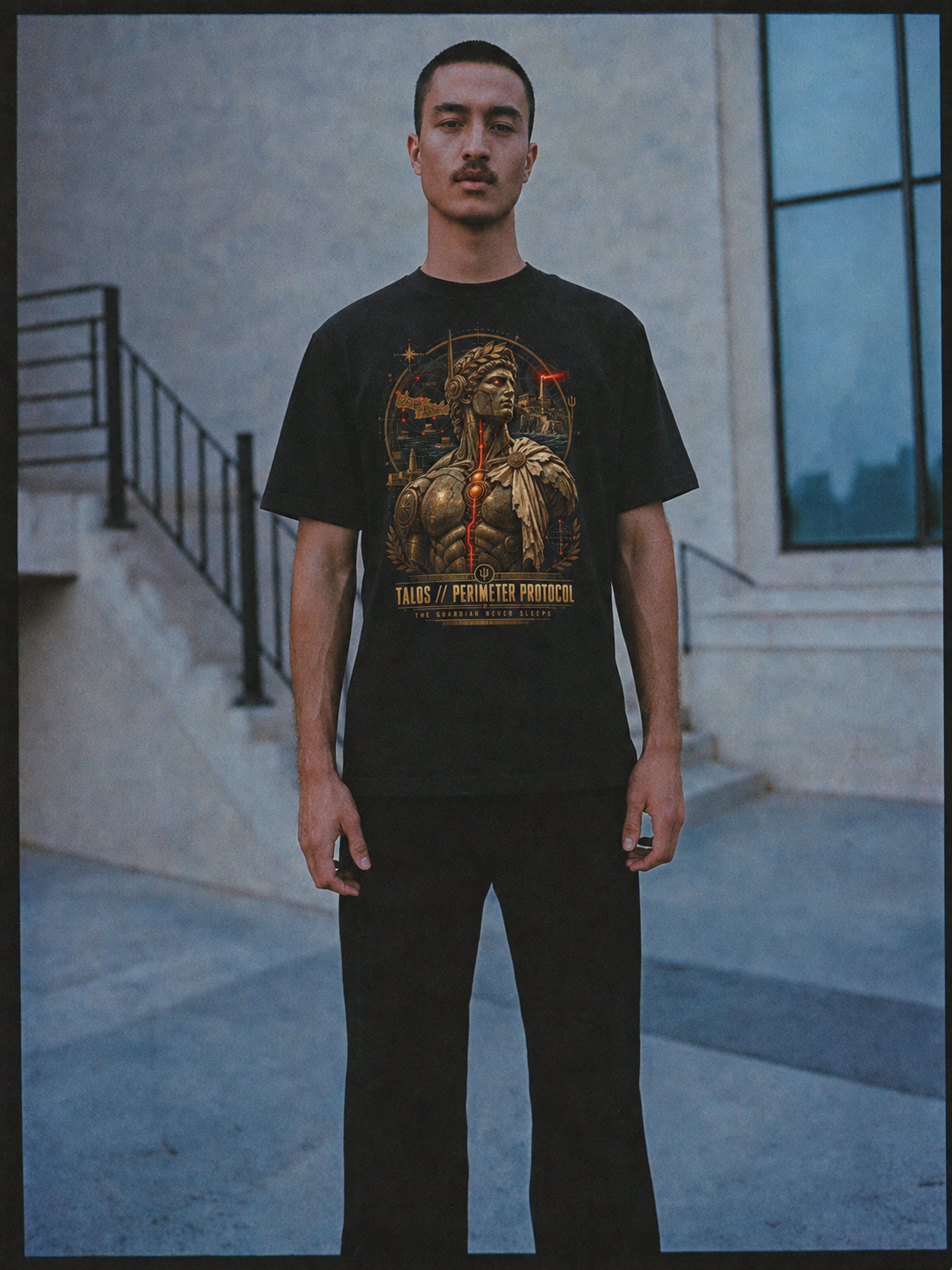 Talos Perimeter Protocol black T-shirt — male Athens lifestyle shot 02