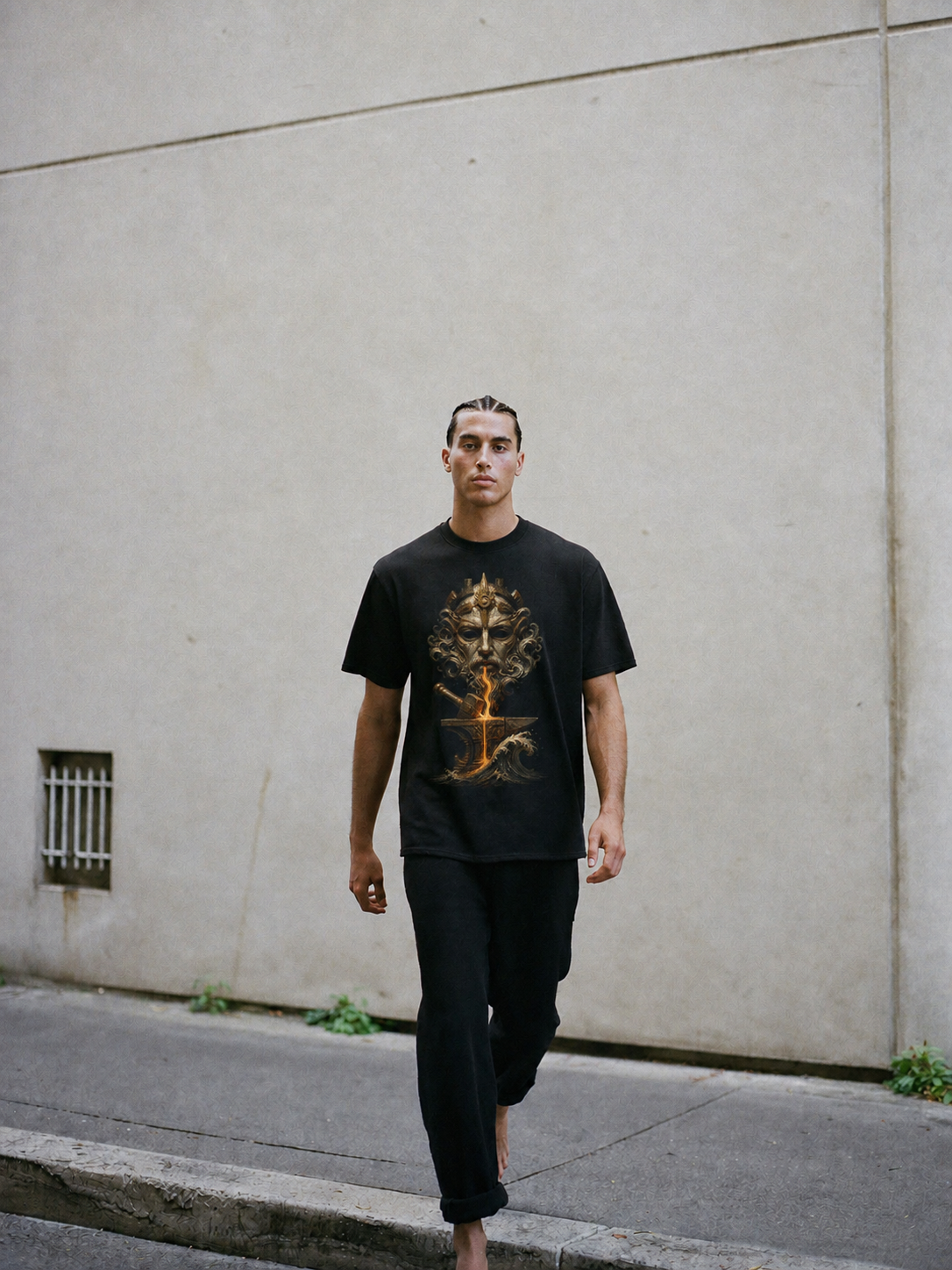 Telchines Abyssal Forge black T-shirt — male Athens lifestyle shot 02
