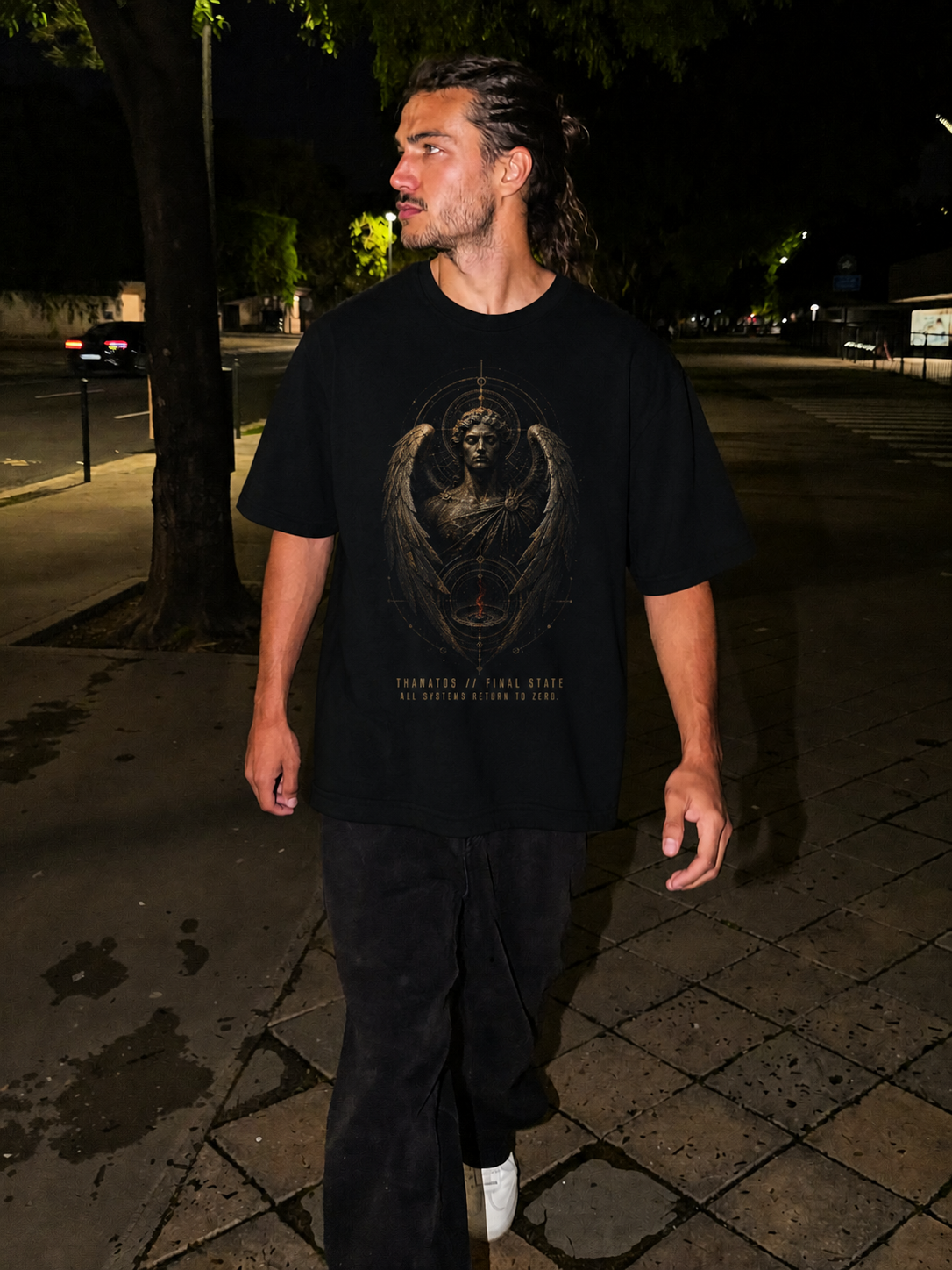 Thanatos Final State black T-shirt — male Athens lifestyle shot 02