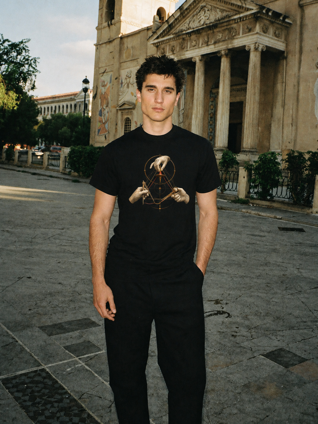 The Three Threads black T-shirt — male Athens lifestyle shot 02