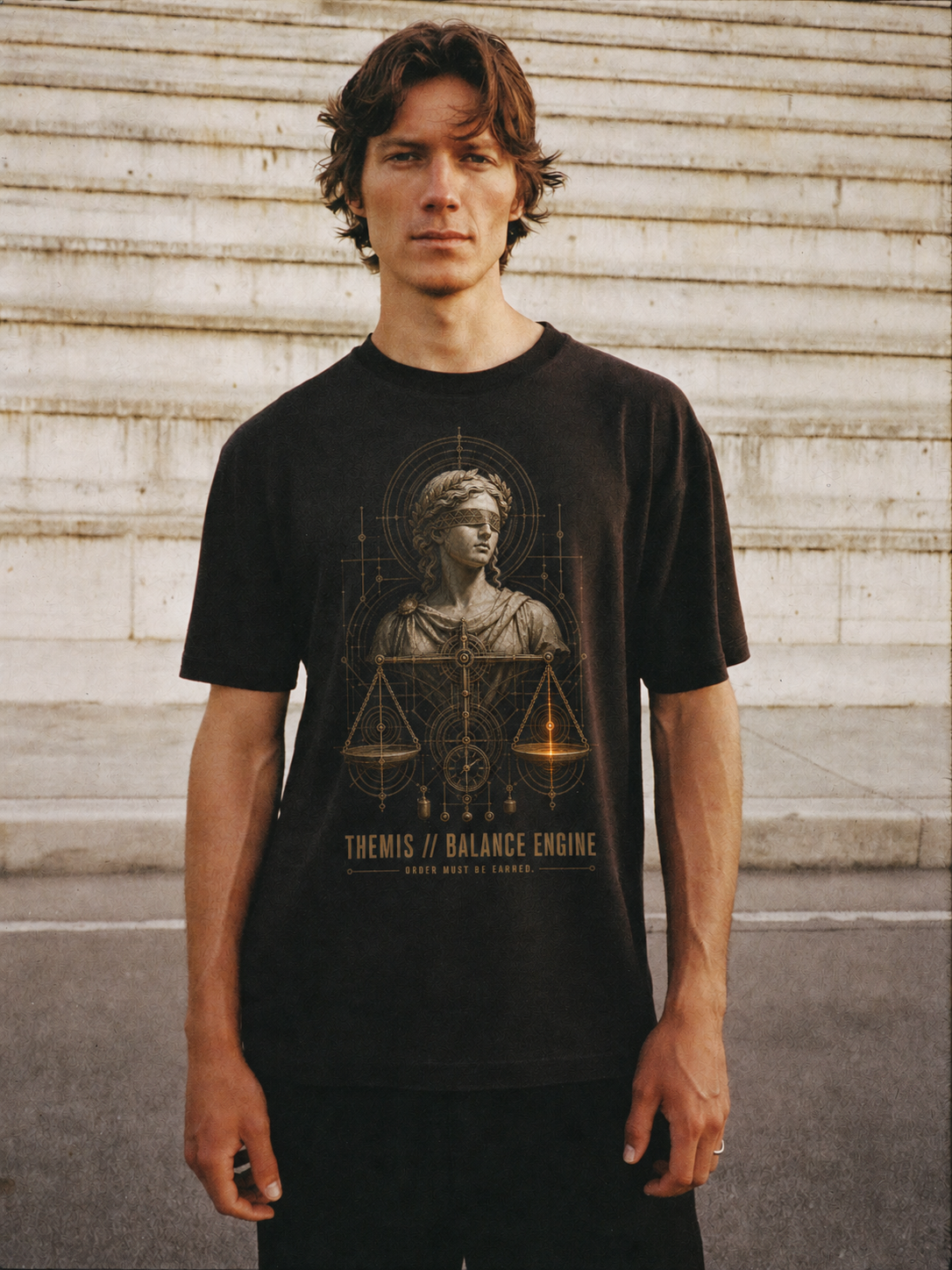 Themis Balance Engine black T-shirt — male Athens lifestyle shot 02