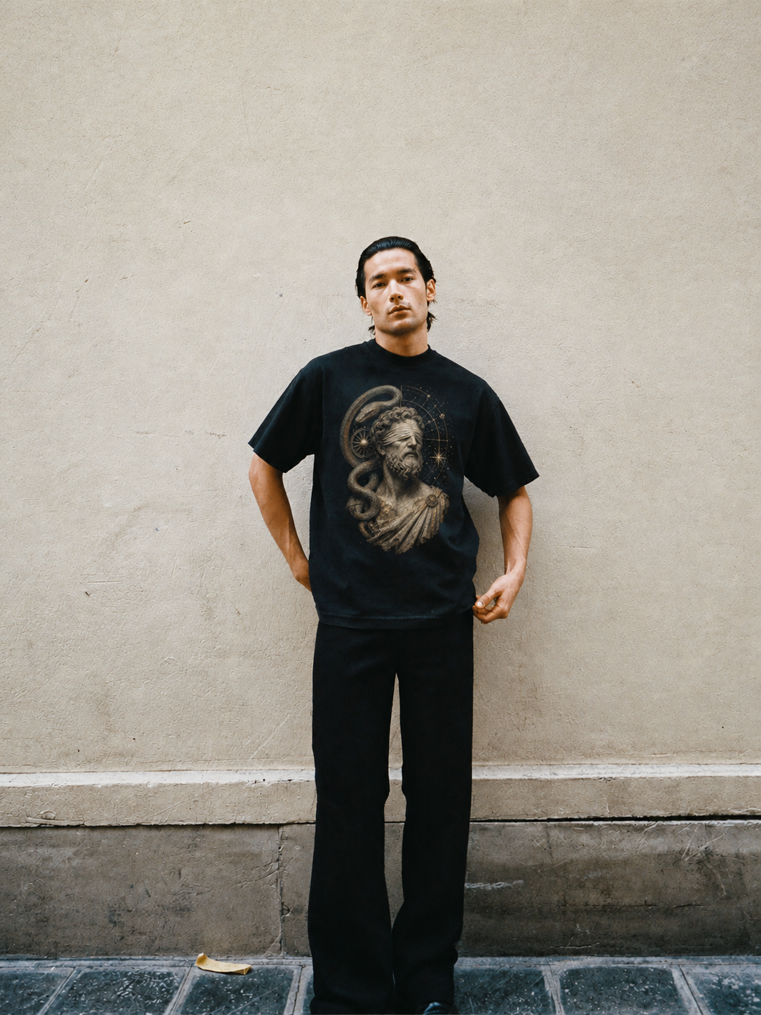 Tiresias Double Vision black T-shirt — male Athens lifestyle shot 02
