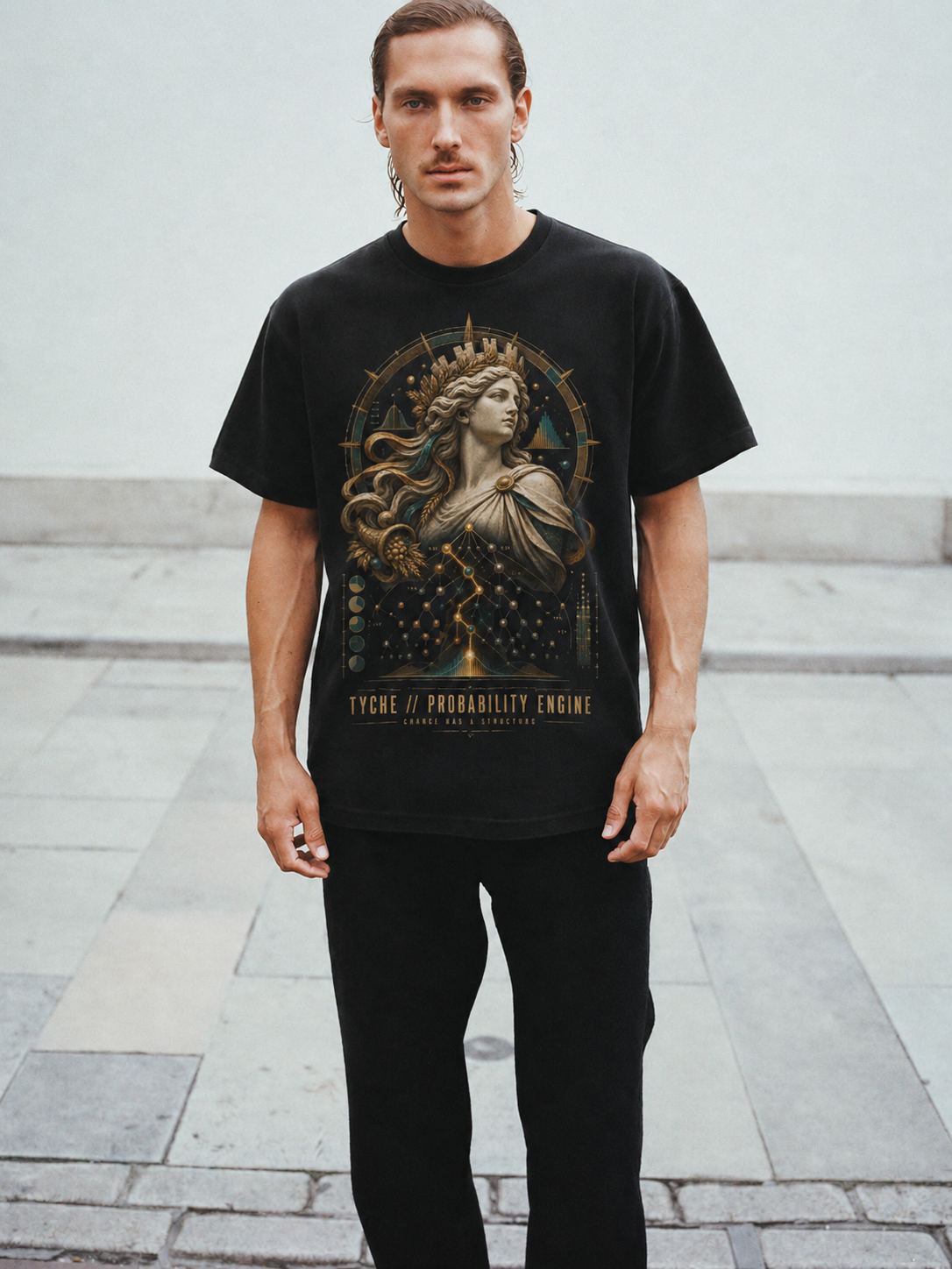 Tyche Probability Engine black T-shirt — male Athens lifestyle shot 02