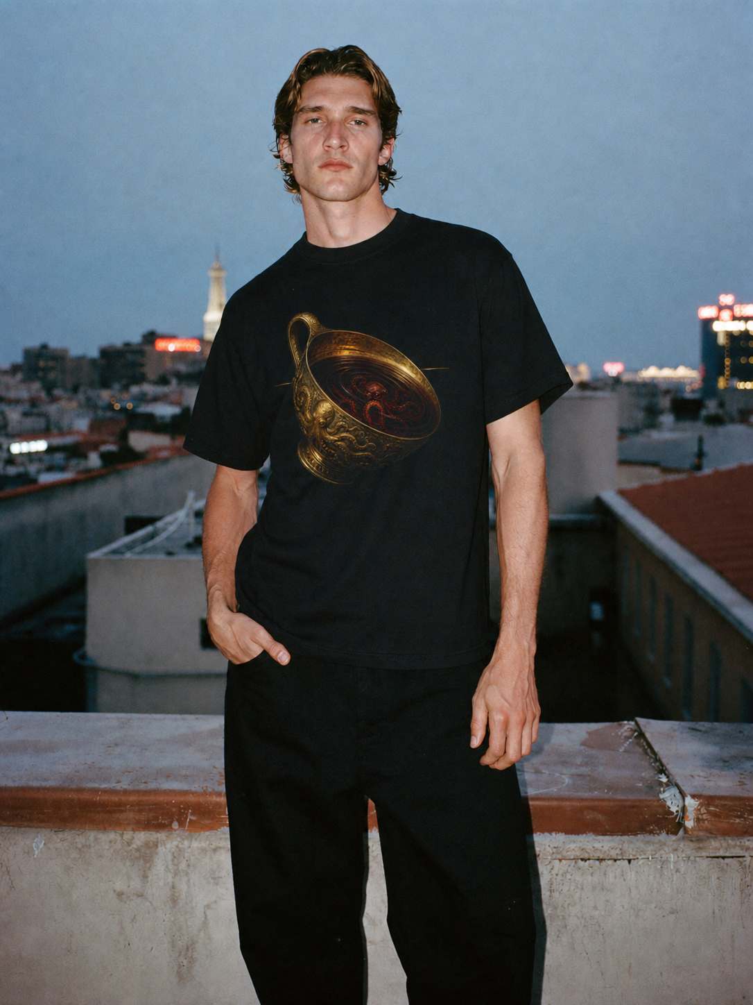 Wine-Dark Sea Cup T-Shirt — male lifestyle scene 2 in Athens