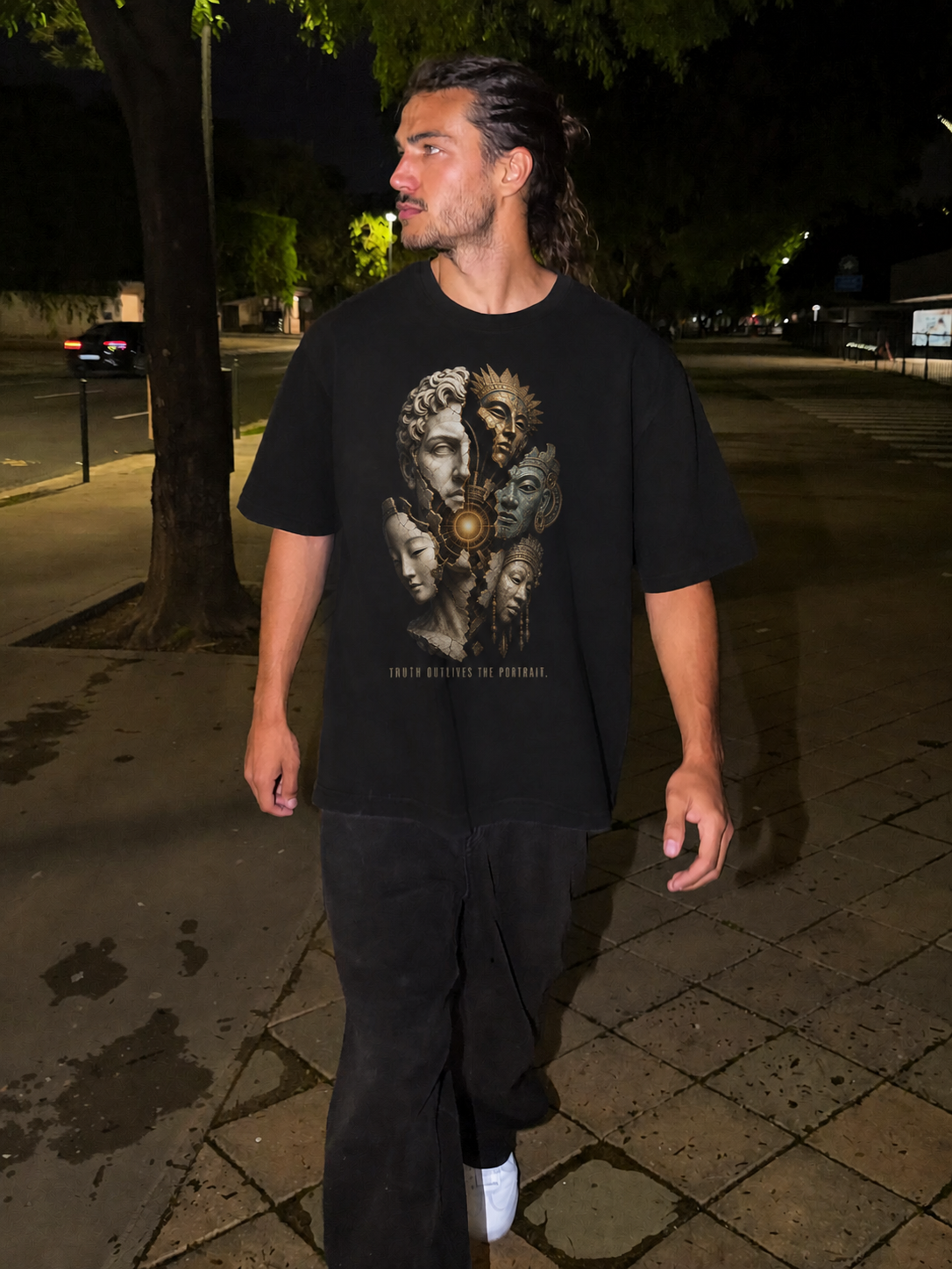 Xenophanes Beyond Image black T-shirt — male Athens lifestyle shot 02