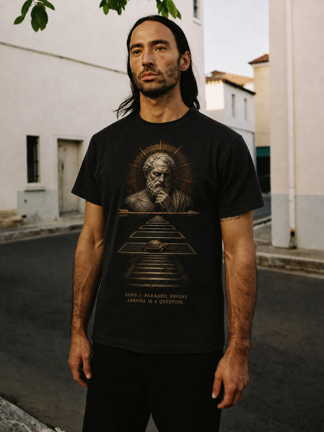 Zeno Paradox Engine black T-shirt — male Athens lifestyle shot 02