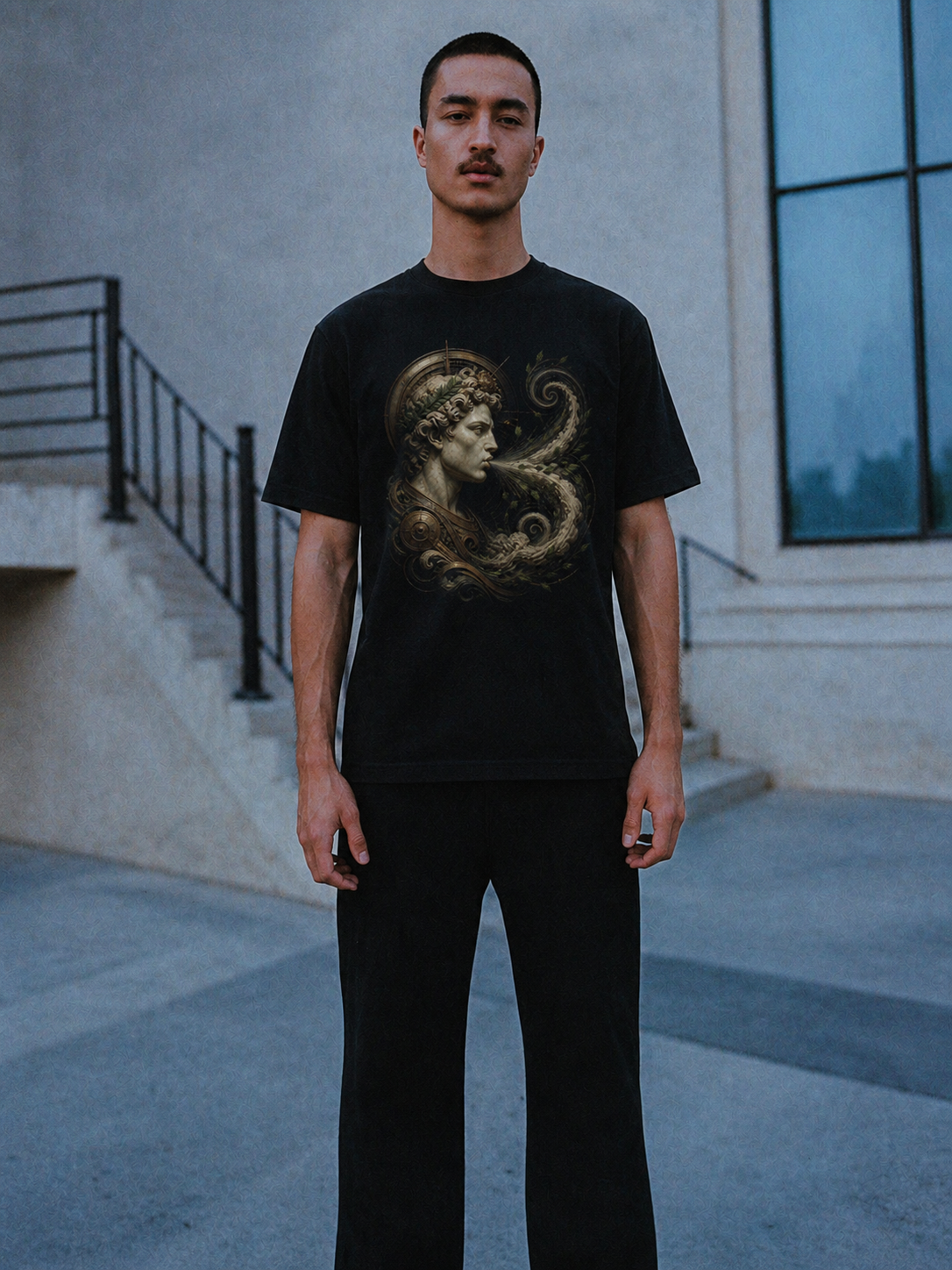 Zephyrus Spring Spiral black T-shirt — male Athens lifestyle shot 02