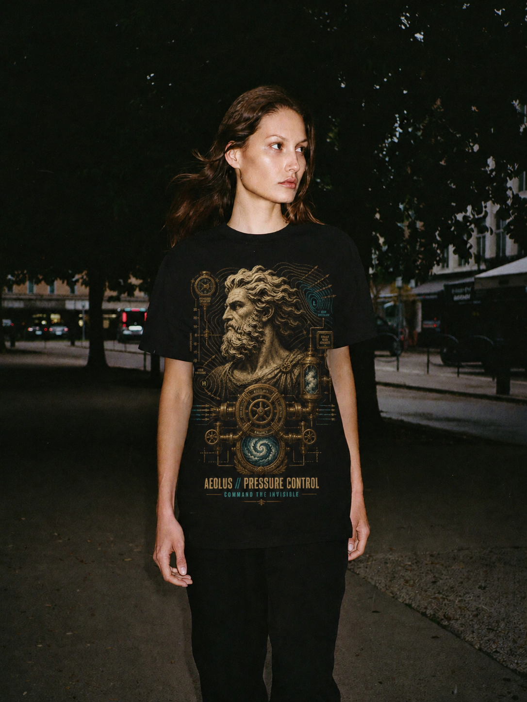 Aeolus Pressure Control black T-shirt — female Athens lifestyle shot 03