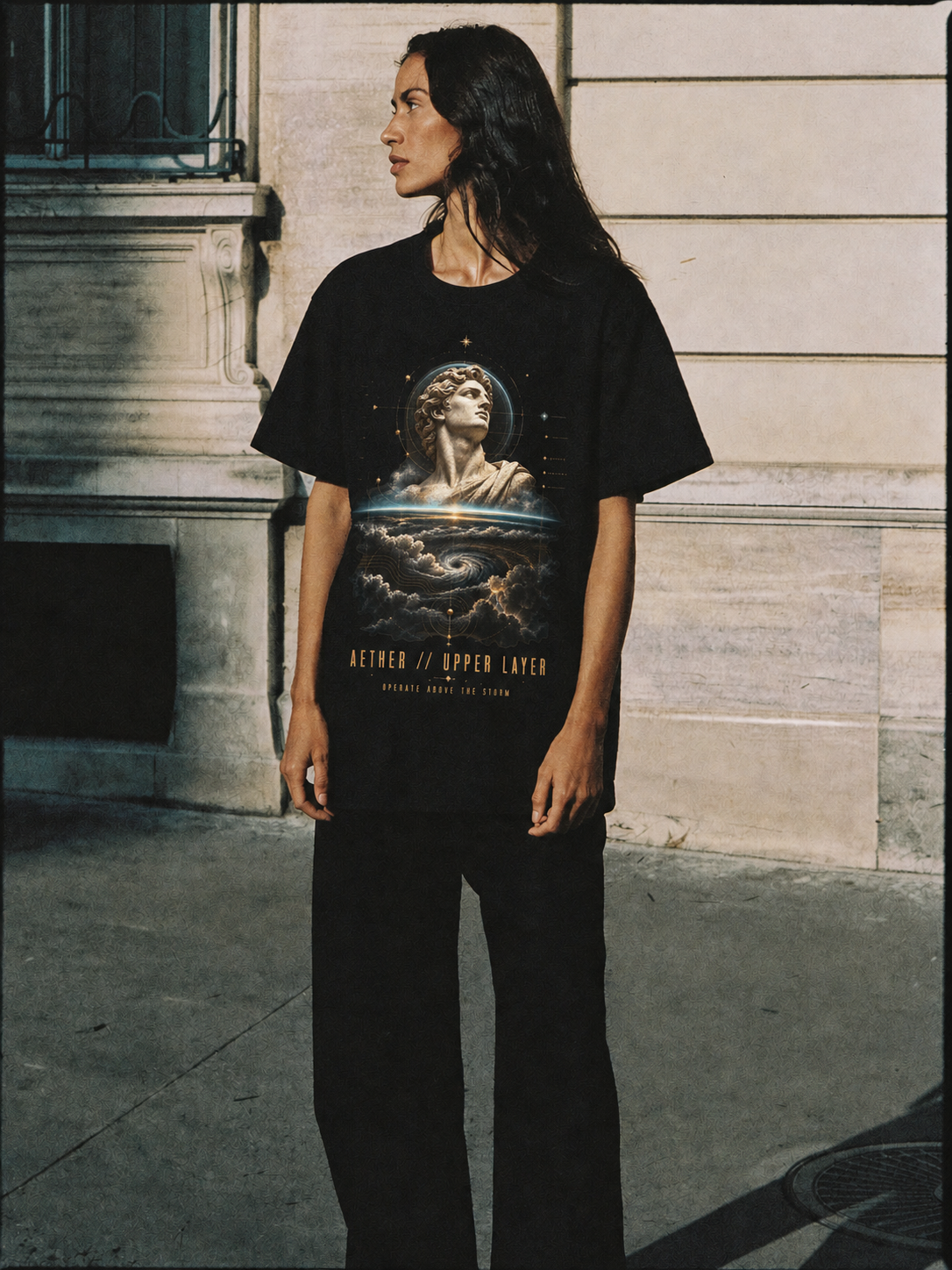 Aether Upper Layer black T-shirt — female Athens lifestyle shot 03
