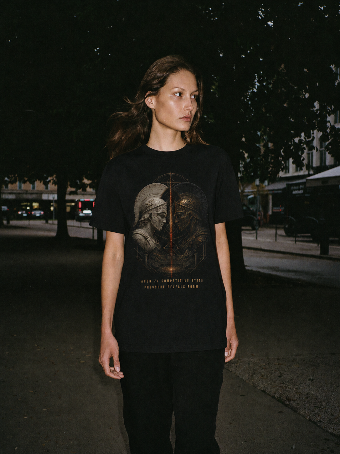 Agon Competitive State black T-shirt — female Athens lifestyle shot 03