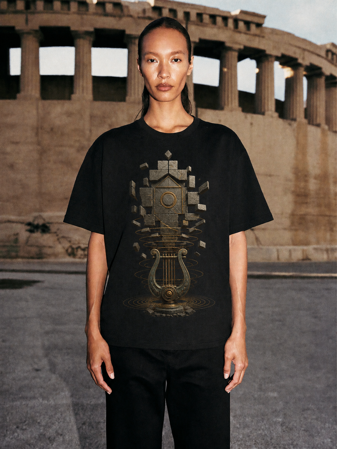 Amphion Stone Chorus black T-shirt — female Athens lifestyle shot 03